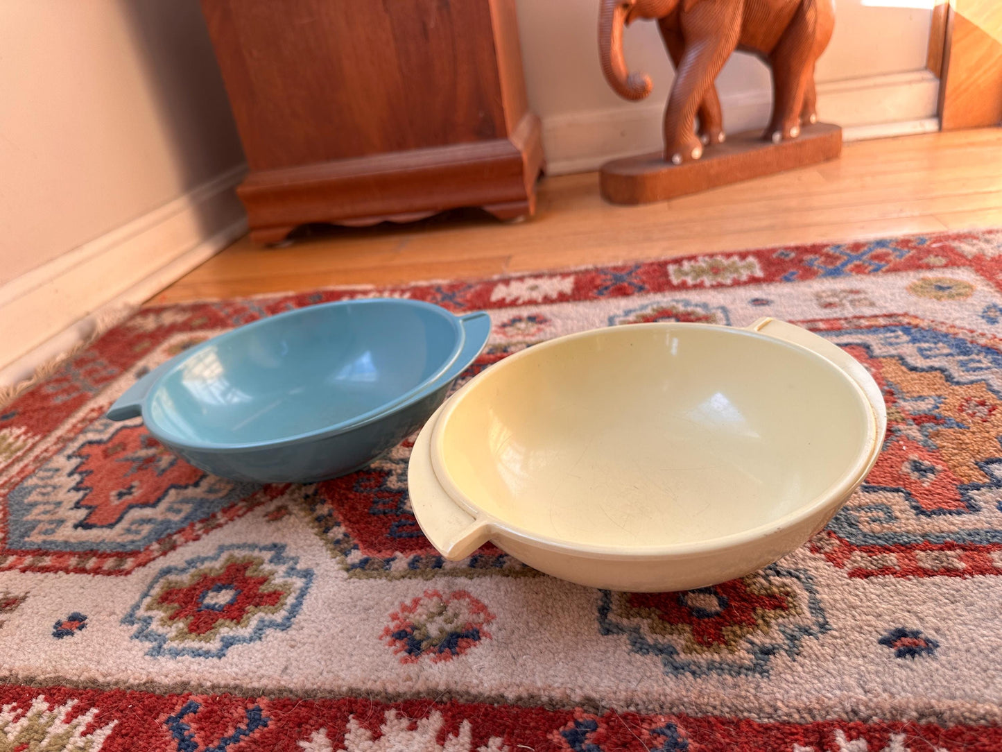 Vintage Boontonware Melmac Serving Bowls Set of 2 | No. 604 Winged Bowls | Turquoise Blue & Yellow | Mid-Century Modern Melamine | USA Made