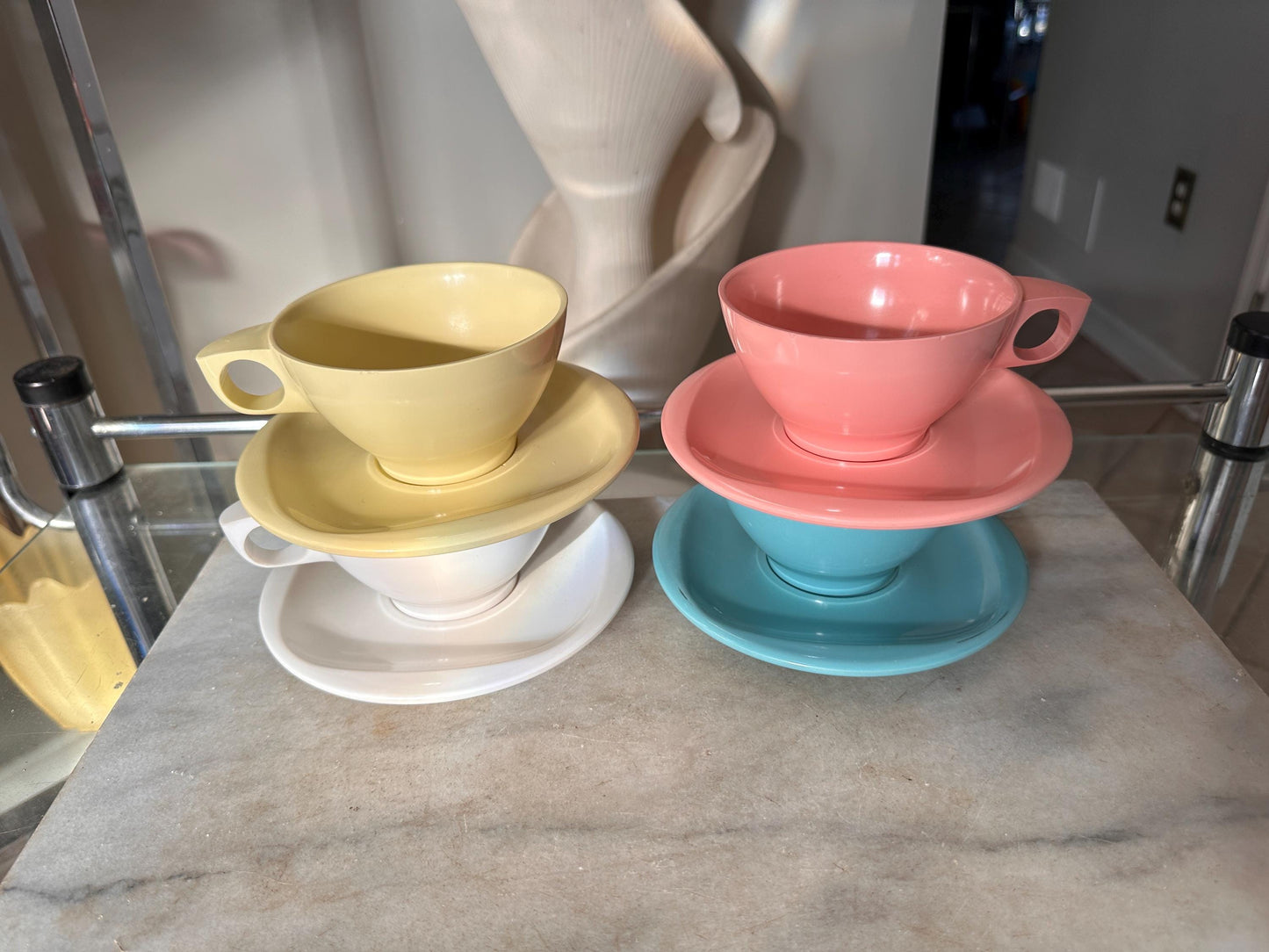 Vintage Boontonware Melamine Coffee Cups & Saucers Set of 4 – Blue, Pink, Yellow +  White – Mid-Century Modern Melmac – Made in USA