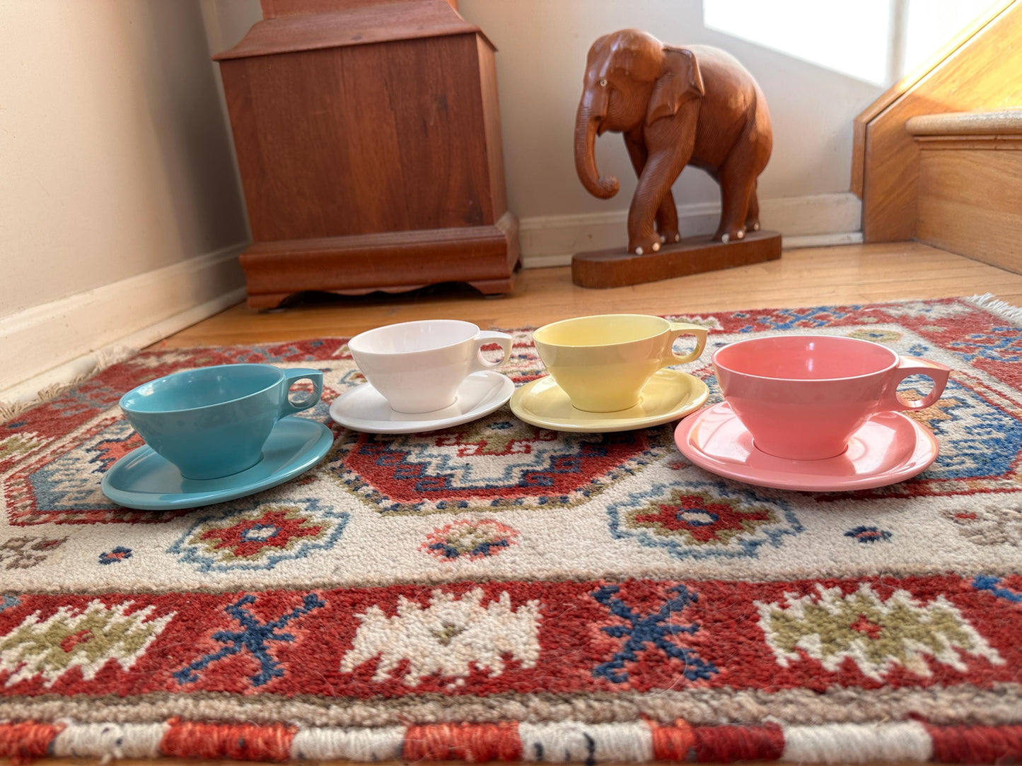 Vintage Boontonware Melamine Coffee Cups & Saucers Set of 4 – Blue, Pink, Yellow +  White – Mid-Century Modern Melmac – Made in USA