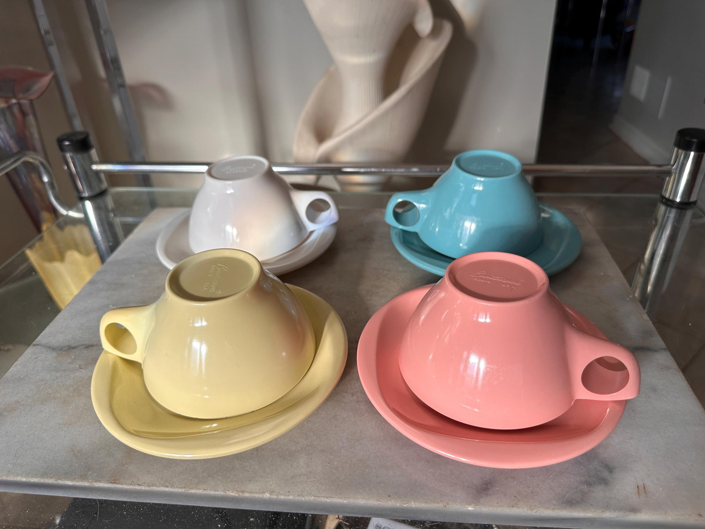 Vintage Boontonware Melamine Coffee Cups & Saucers Set of 4 – Blue, Pink, Yellow +  White – Mid-Century Modern Melmac – Made in USA