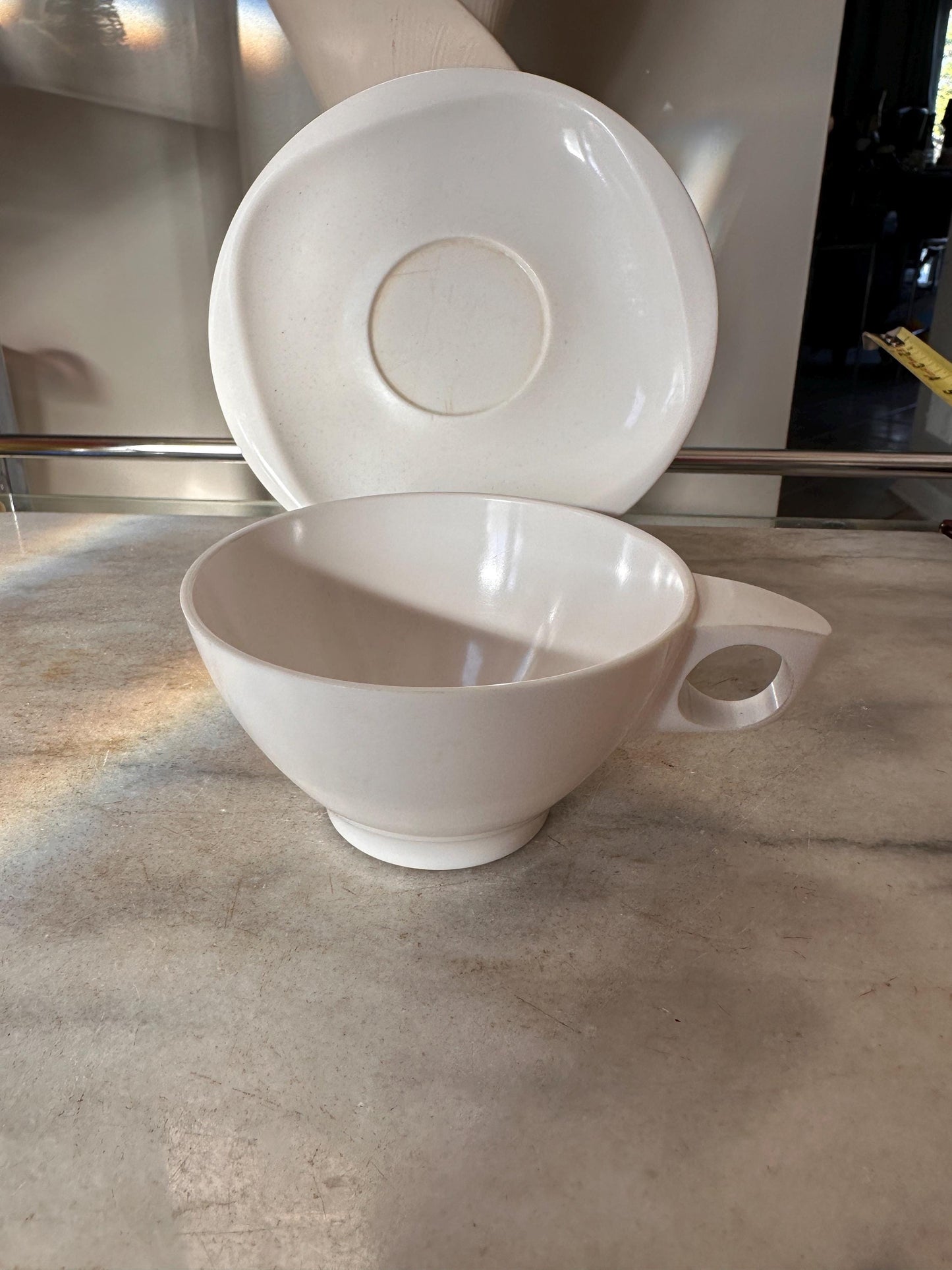 Vintage Boontonware Melamine Coffee Cups & Saucers Set of 4 – Blue, Pink, Yellow +  White – Mid-Century Modern Melmac – Made in USA
