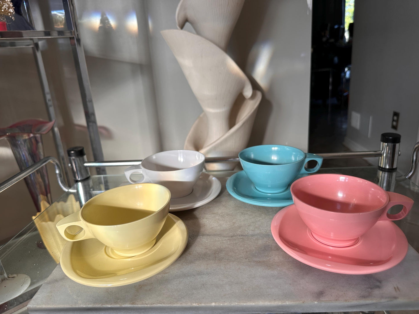 Vintage Boontonware Melamine Coffee Cups & Saucers Set of 4 – Blue, Pink, Yellow +  White – Mid-Century Modern Melmac – Made in USA