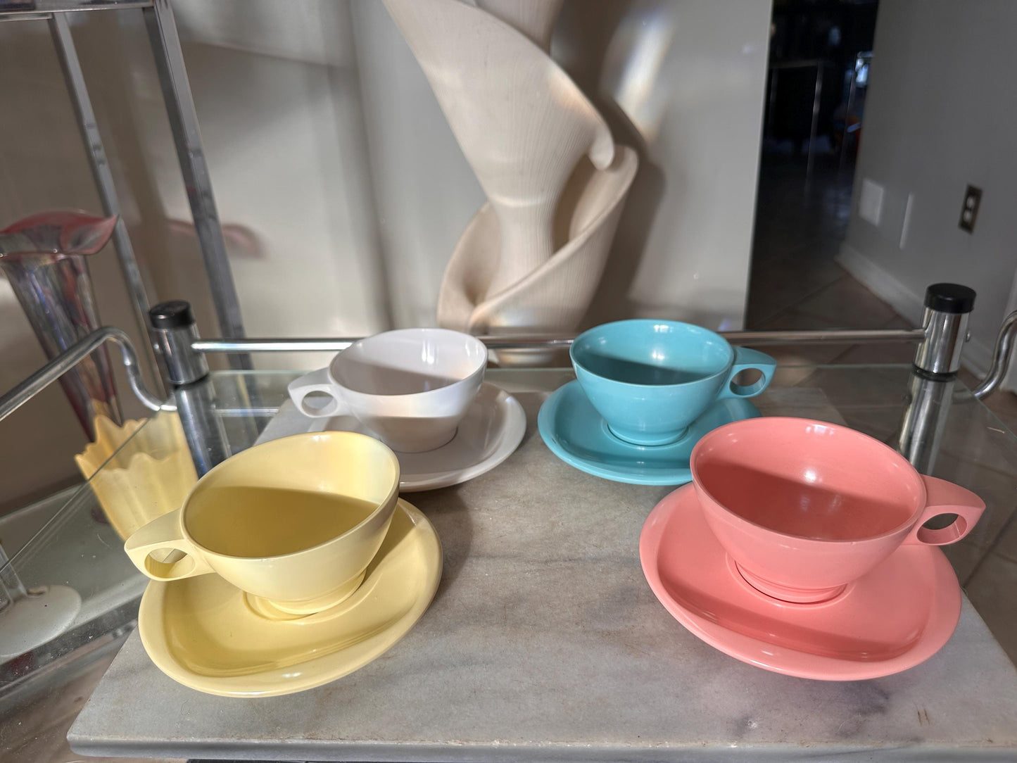 Vintage Boontonware Melamine Coffee Cups & Saucers Set of 4 – Blue, Pink, Yellow +  White – Mid-Century Modern Melmac – Made in USA