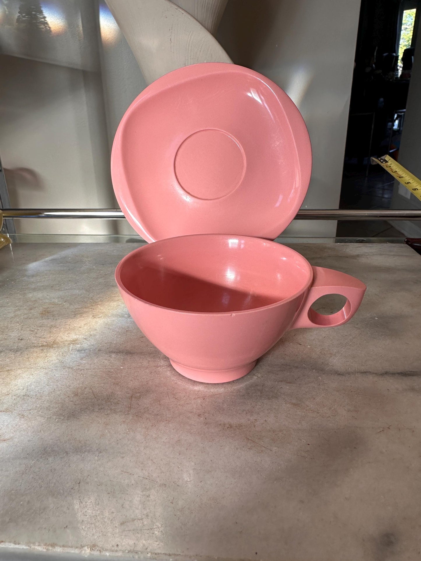 Vintage Boontonware Melamine Coffee Cups & Saucers Set of 4 – Blue, Pink, Yellow +  White – Mid-Century Modern Melmac – Made in USA