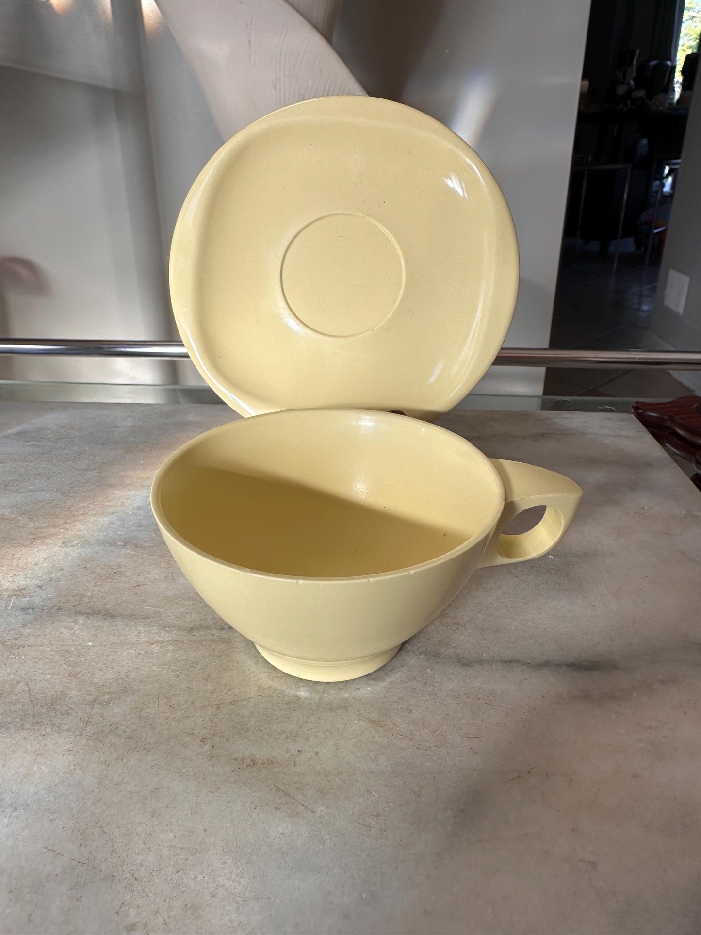 Vintage Boontonware Melamine Coffee Cups & Saucers Set of 4 – Blue, Pink, Yellow +  White – Mid-Century Modern Melmac – Made in USA