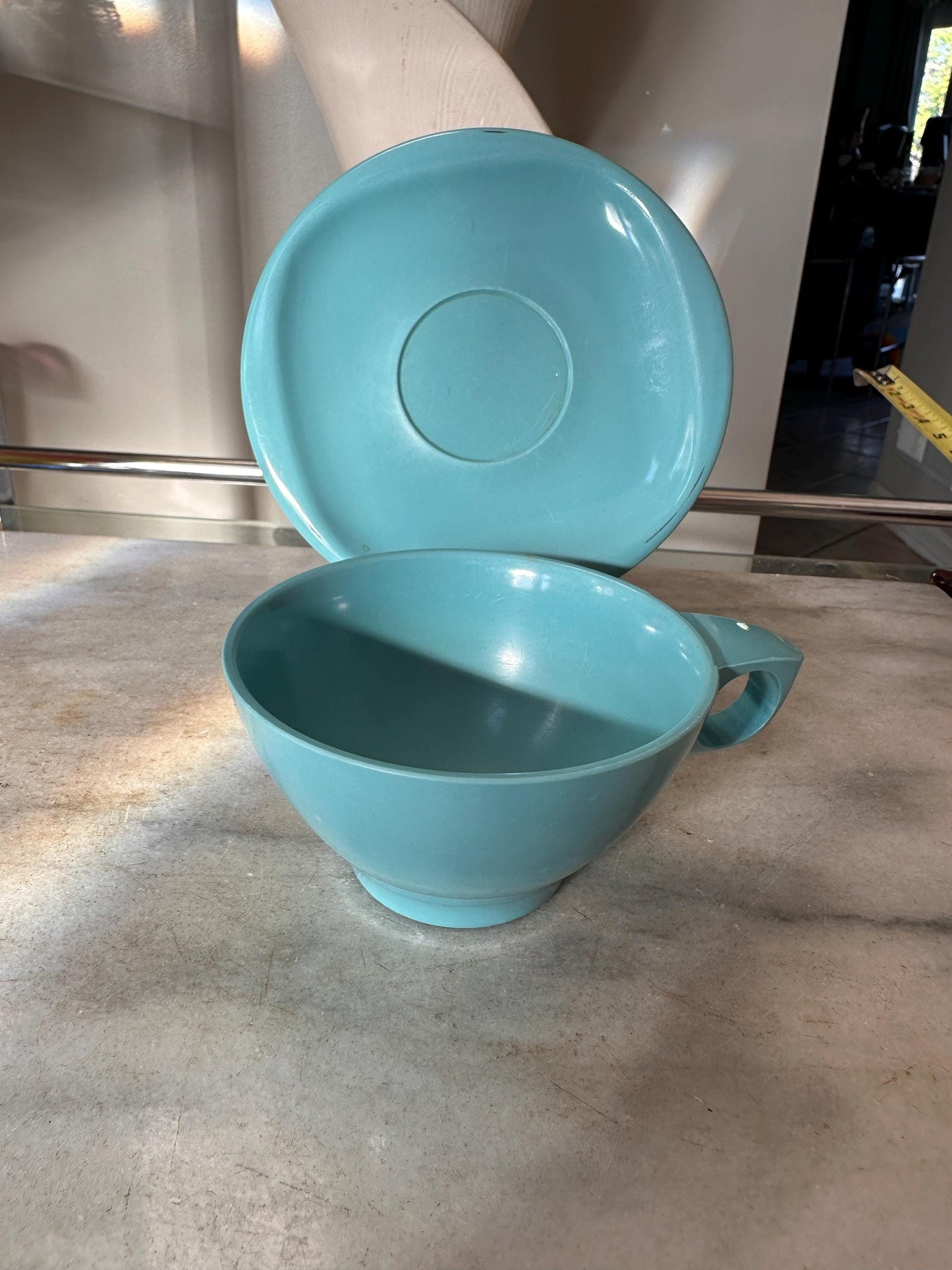 Vintage Boontonware Melamine Coffee Cups & Saucers Set of 4 – Blue, Pink, Yellow +  White – Mid-Century Modern Melmac – Made in USA