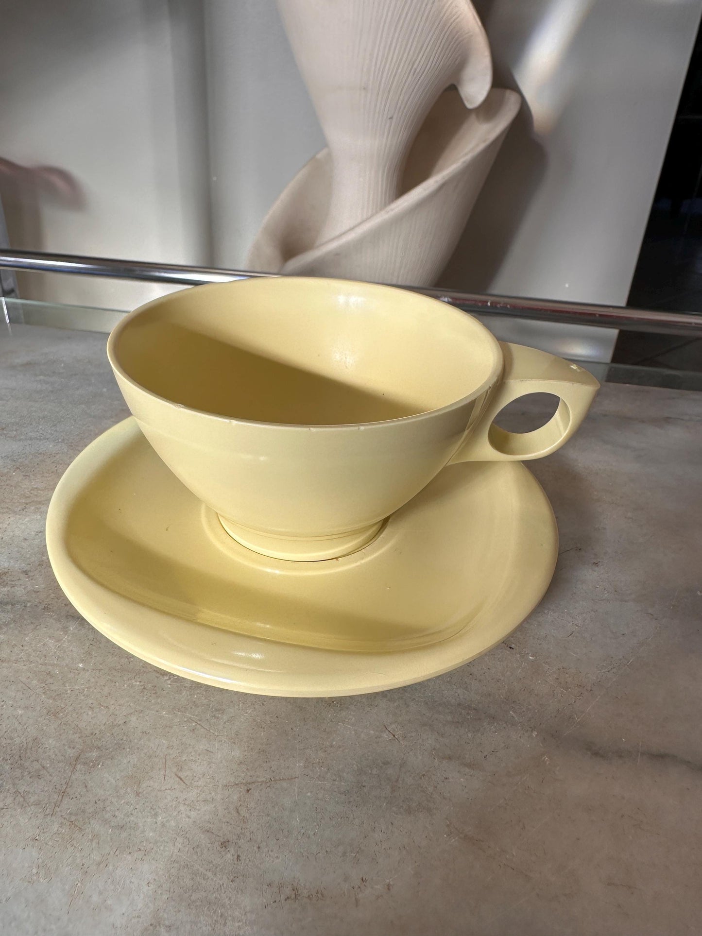 Vintage Boontonware Melamine Coffee Cups & Saucers Set of 4 – Blue, Pink, Yellow +  White – Mid-Century Modern Melmac – Made in USA