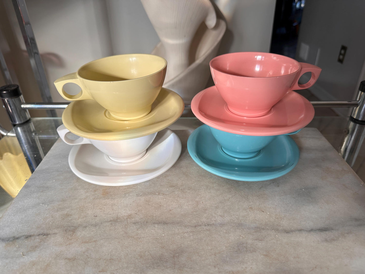 Vintage Boontonware Melamine Coffee Cups & Saucers Set of 4 – Blue, Pink, Yellow +  White – Mid-Century Modern Melmac – Made in USA