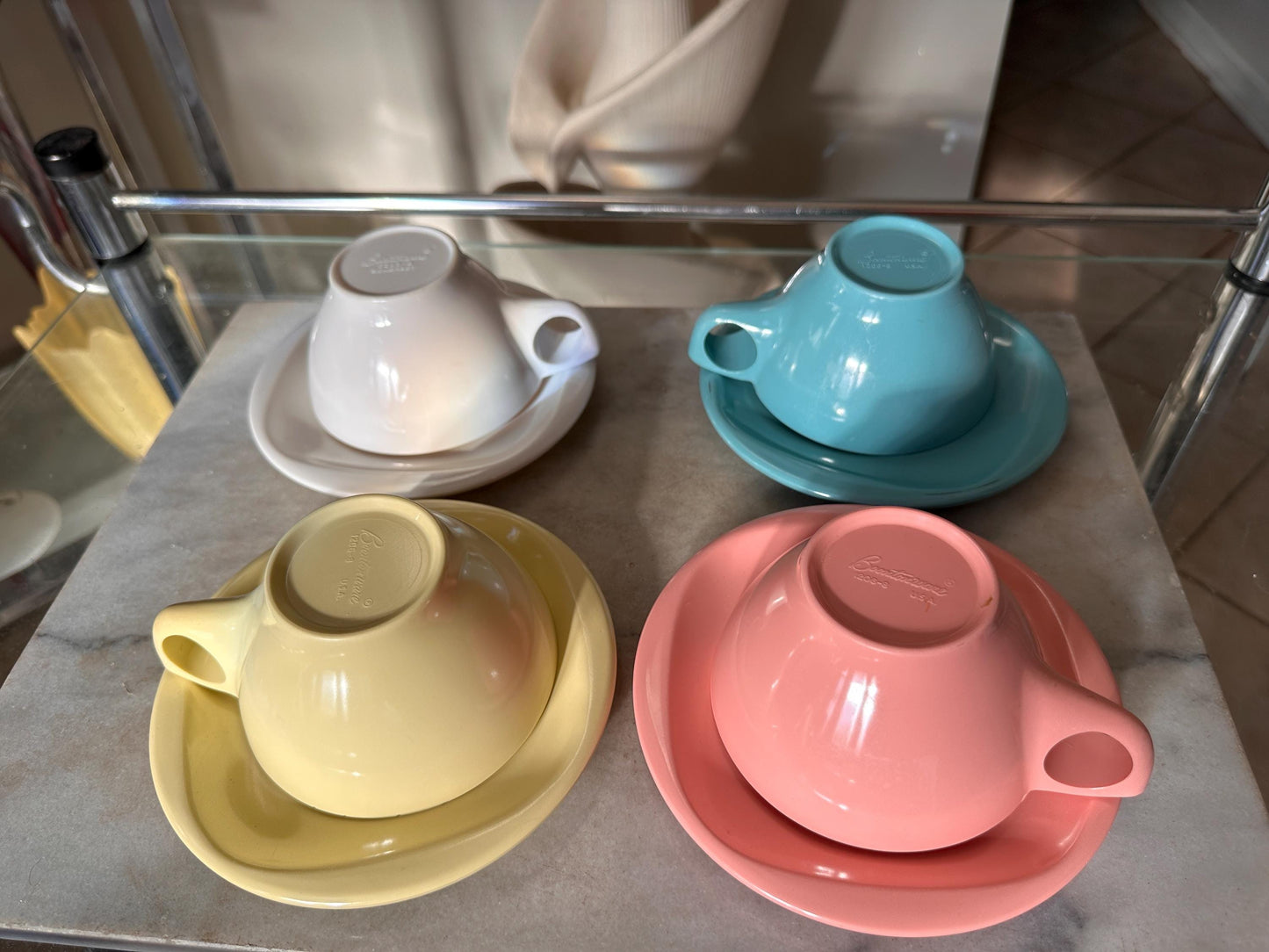 Vintage Boontonware Melamine Coffee Cups & Saucers Set of 4 – Blue, Pink, Yellow +  White – Mid-Century Modern Melmac – Made in USA