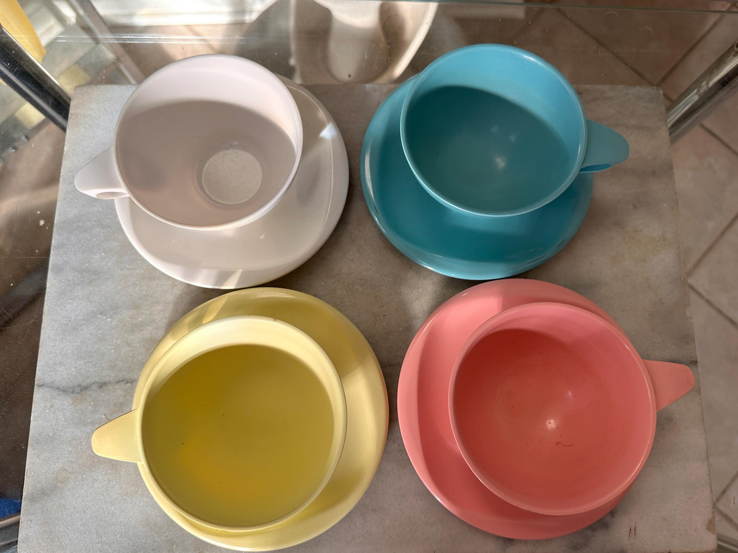 Vintage Boontonware Melamine Coffee Cups & Saucers Set of 4 – Blue, Pink, Yellow +  White – Mid-Century Modern Melmac – Made in USA