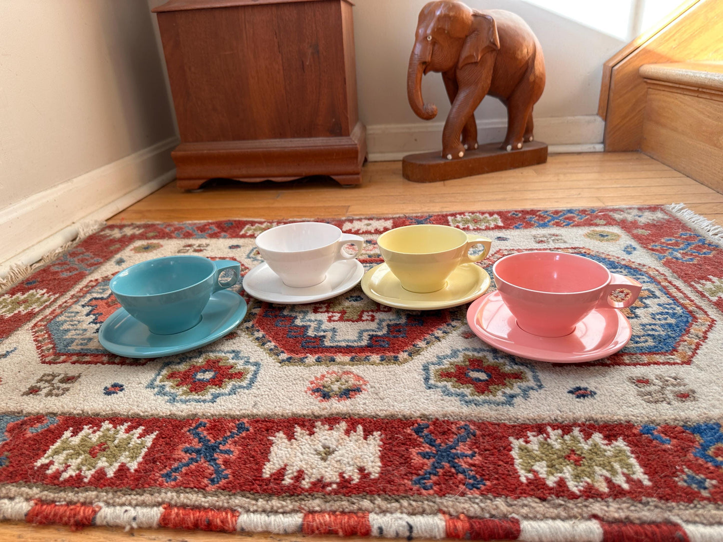 Vintage Boontonware Melamine Coffee Cups & Saucers Set of 4 – Blue, Pink, Yellow +  White – Mid-Century Modern Melmac – Made in USA