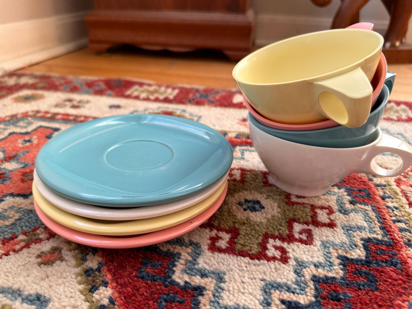 Vintage Boontonware Melamine Coffee Cups & Saucers Set of 4 – Blue, Pink, Yellow +  White – Mid-Century Modern Melmac – Made in USA