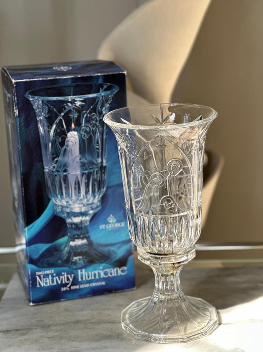 Vintage St. George Two-Piece Nativity Hurricane Candle Holder – Fine Lead Crystal Christmas Décor