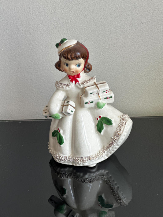 Vintage Relco Christmas Shopper Girl Figurine | White Coat with Spaghetti Trim & Gifts | Retro Mid-Century Holiday Décor | Cute Christmas