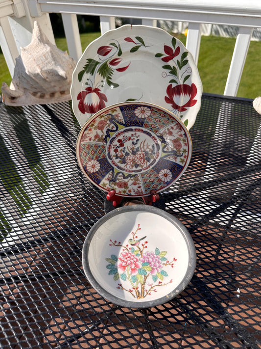 Set of 3 Vintage & Antique Decorative Plates,  Adams Pearlware Staffordshire Plate c1830 | Japanese Imari Plate, Porcelain Japan Pewter Bowl