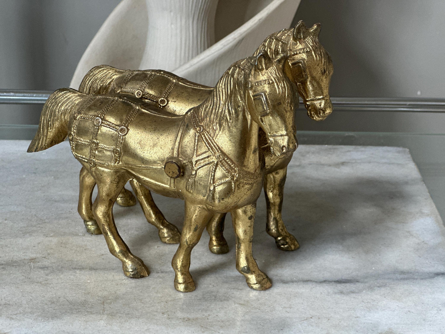 Vintage Gold Tone Cast Pot Metal Western Horse (2) Statue, Carnival Fair Prize