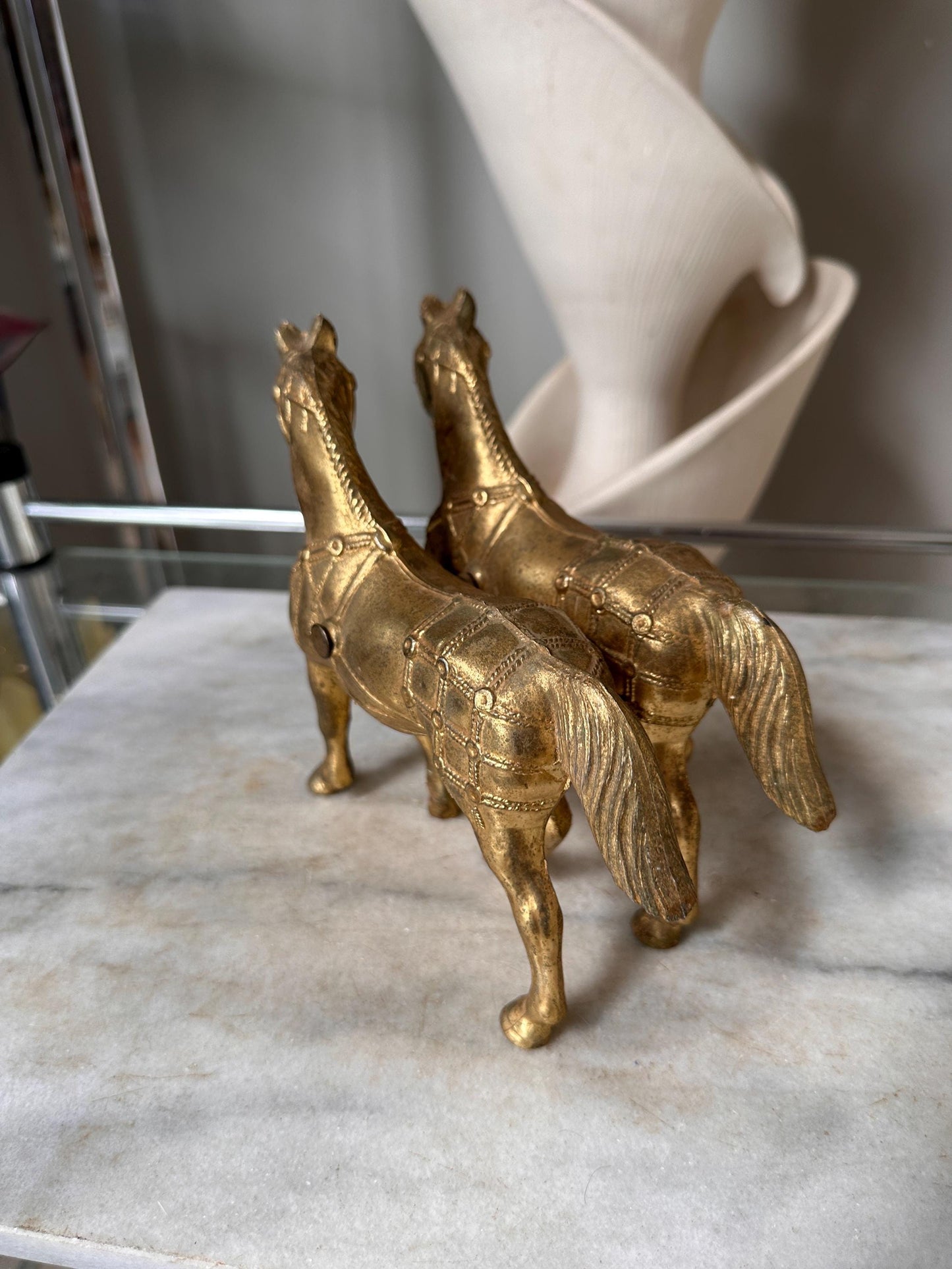 Vintage Gold Tone Cast Pot Metal Western Horse (2) Statue, Carnival Fair Prize