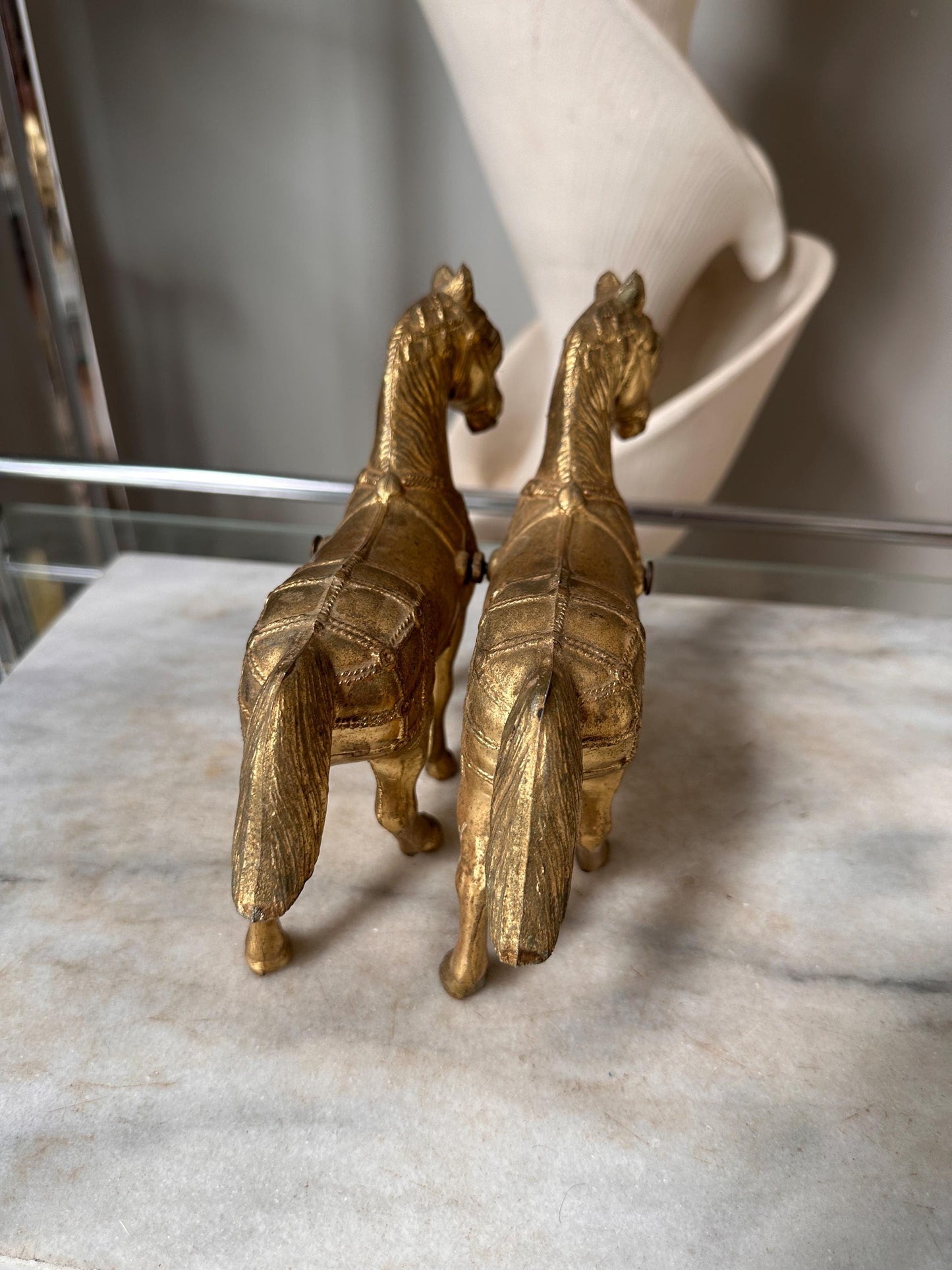 Vintage Gold Tone Cast Pot Metal Western Horse (2) Statue, Carnival Fair Prize
