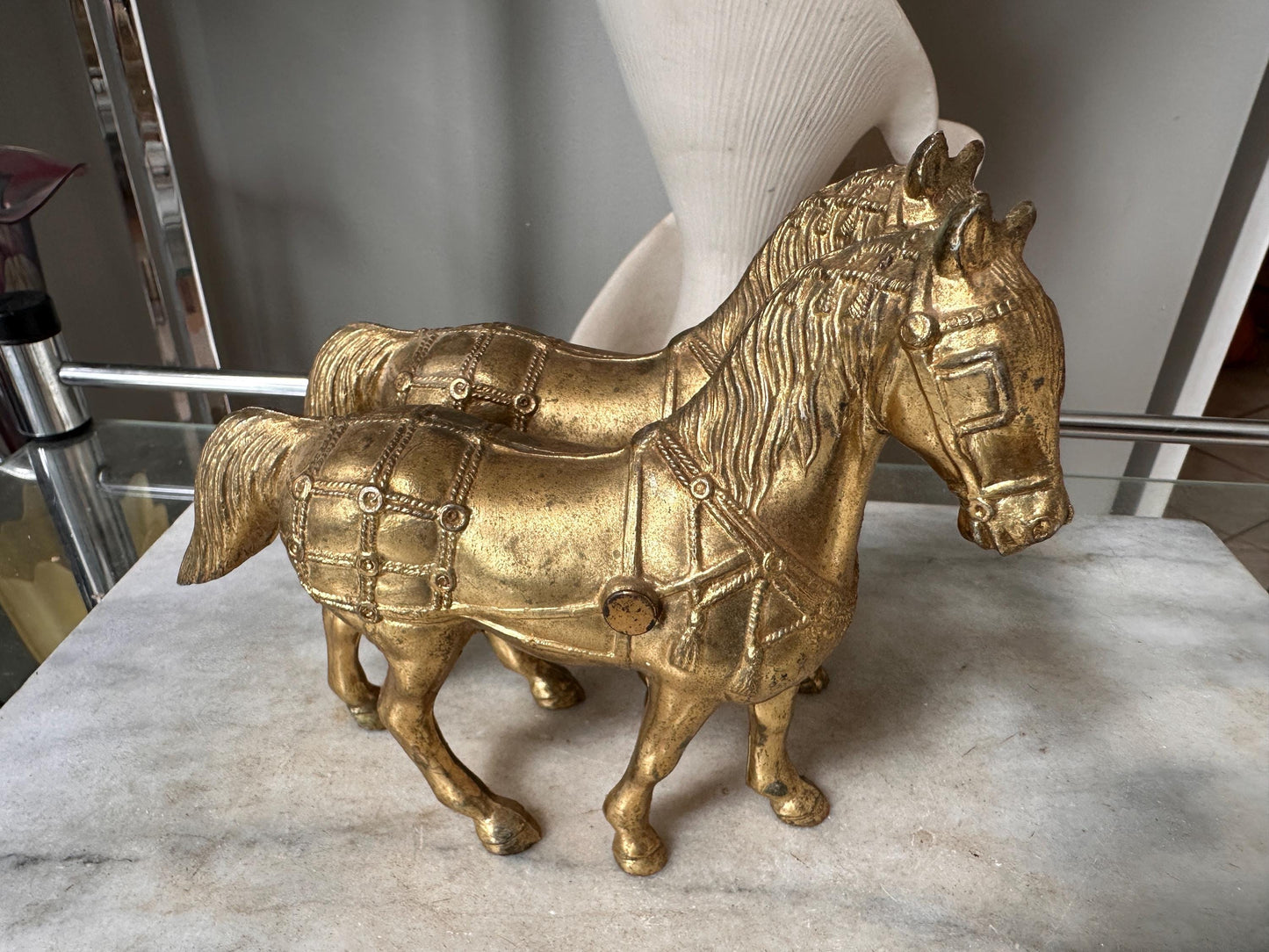 Vintage Gold Tone Cast Pot Metal Western Horse (2) Statue, Carnival Fair Prize