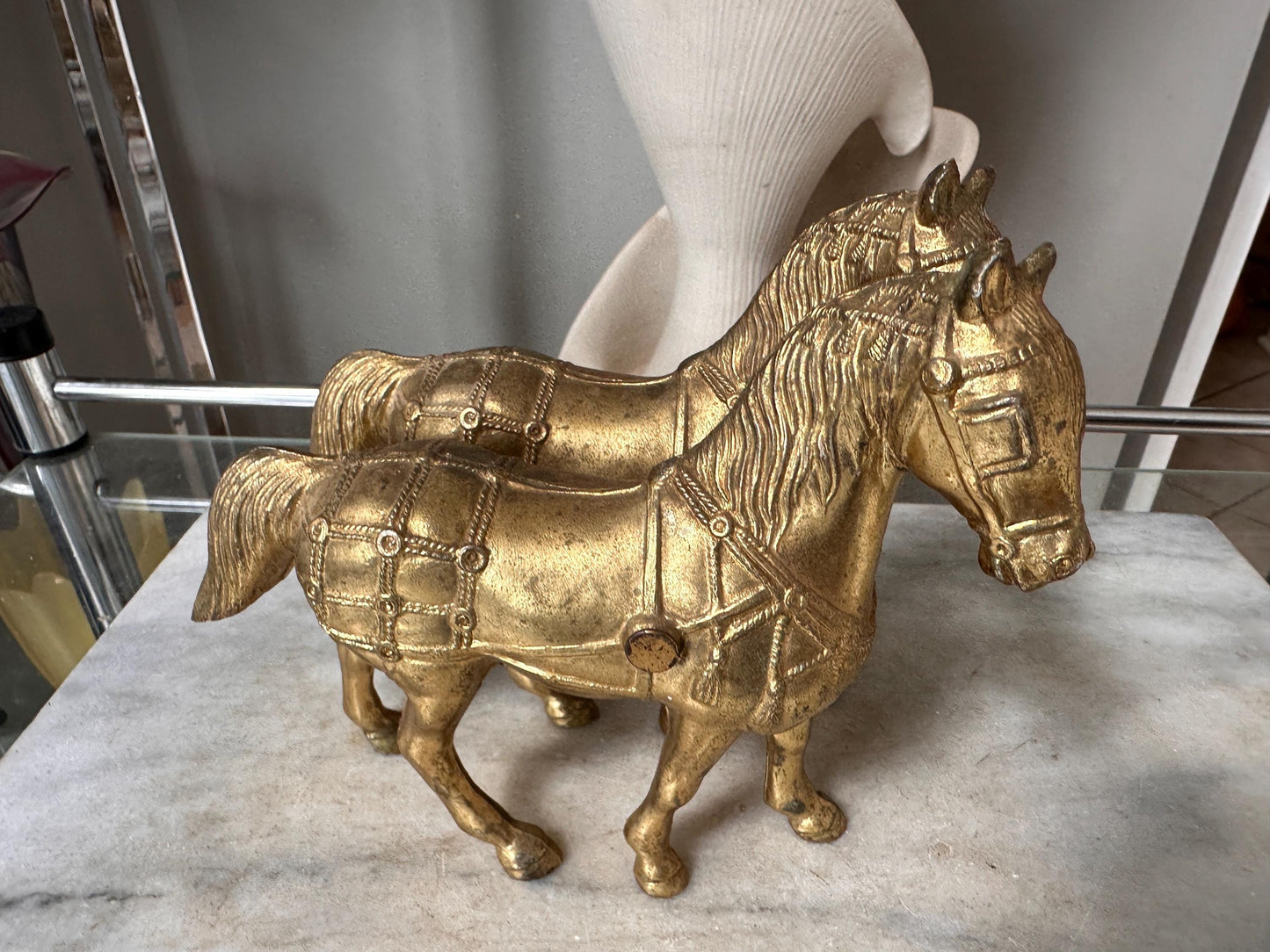 Vintage Gold Tone Cast Pot Metal Western Horse (2) Statue, Carnival Fair Prize