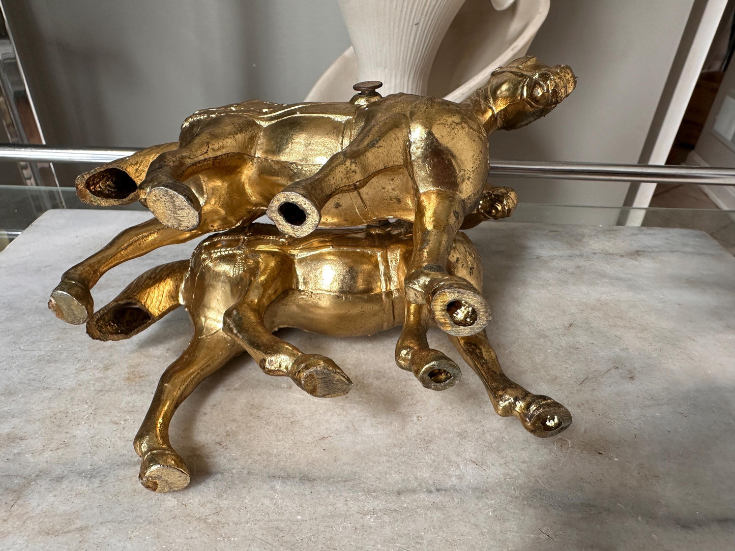 Vintage Gold Tone Cast Pot Metal Western Horse (2) Statue, Carnival Fair Prize