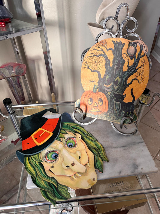 Vintage Halloween Die Cut Decorations Set  – 1980s Eureka Double-Sided Witch Face + 1960s Jack-O’-Lantern Black Cat & Spooky Tree Wall Decor