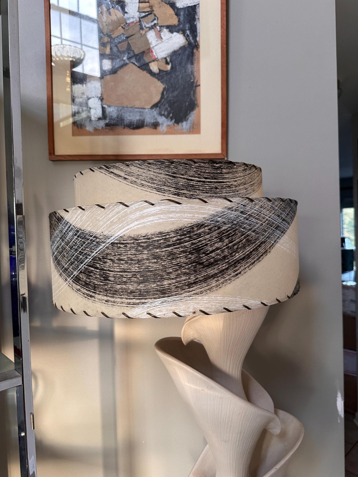 Vintage Mid Century Modern Fiberglass Lamp Shade | Two-Tier MCM Light Shade | Tan Abstract Wave Design in Black & White | Atomic Era Lightin