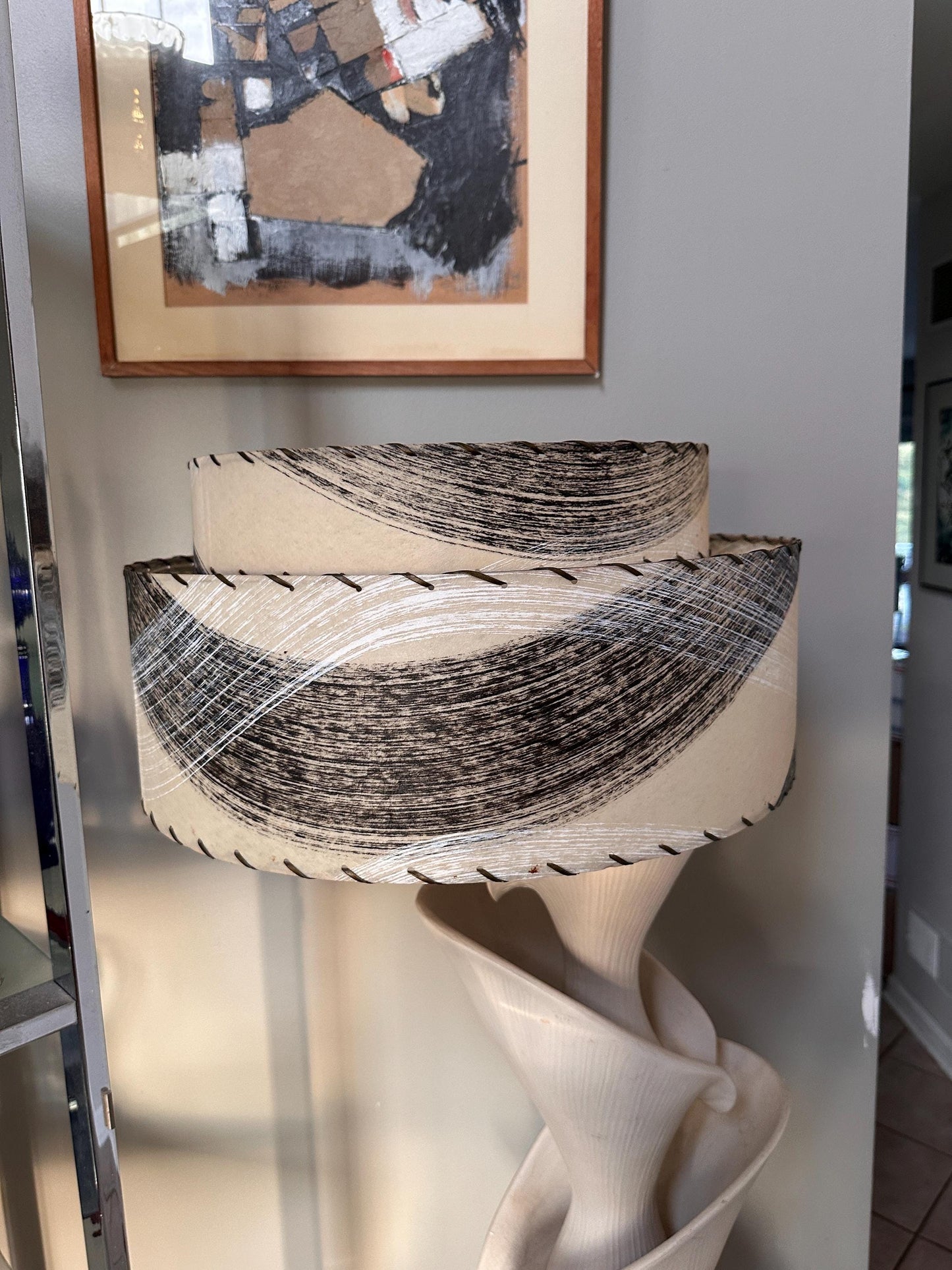 Vintage Mid Century Modern Fiberglass Lamp Shade | Two-Tier MCM Light Shade | Tan Abstract Wave Design in Black & White | Atomic Era Lightin