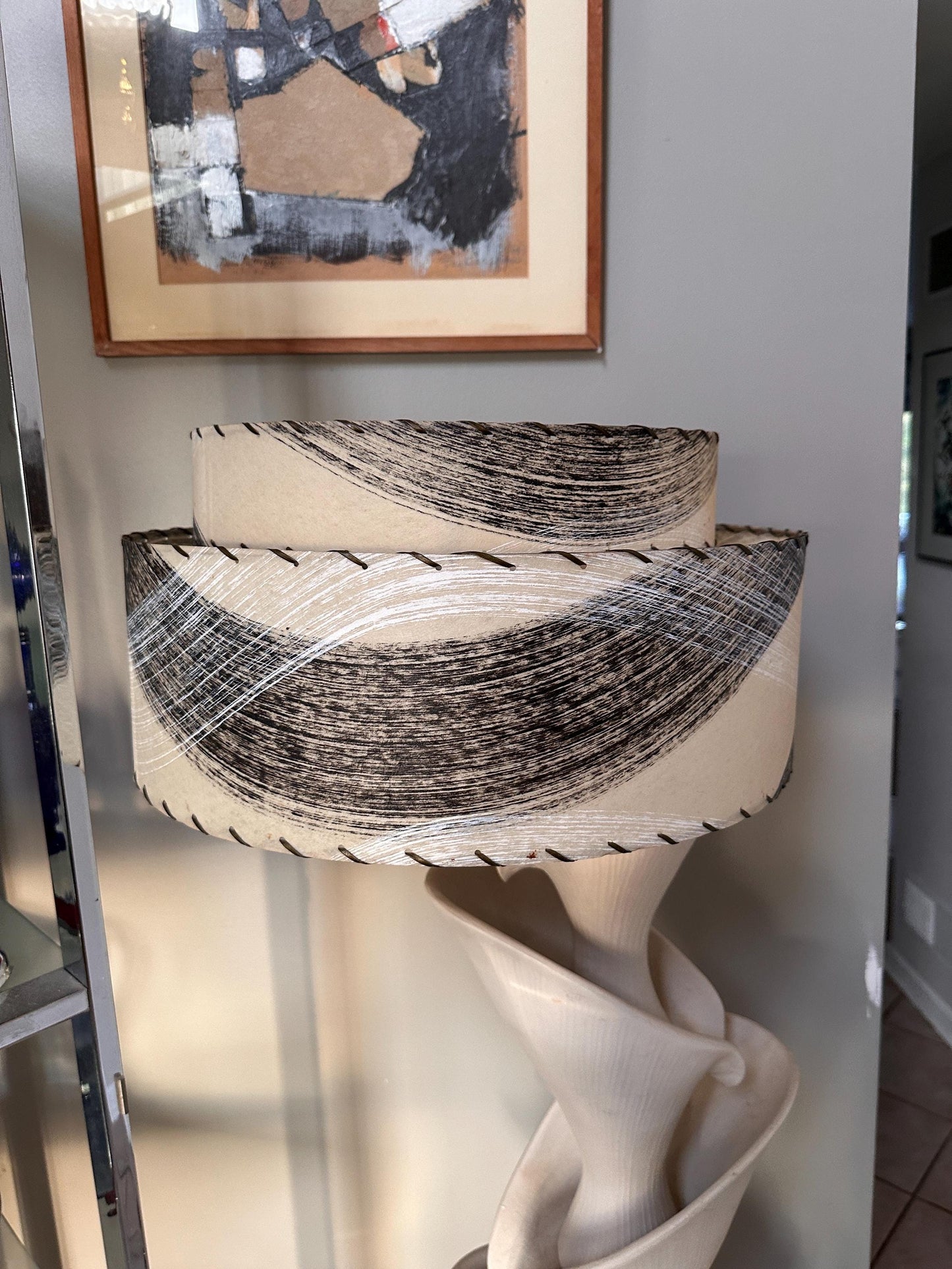 Vintage Mid Century Modern Fiberglass Lamp Shade | Two-Tier MCM Light Shade | Tan Abstract Wave Design in Black & White | Atomic Era Lightin