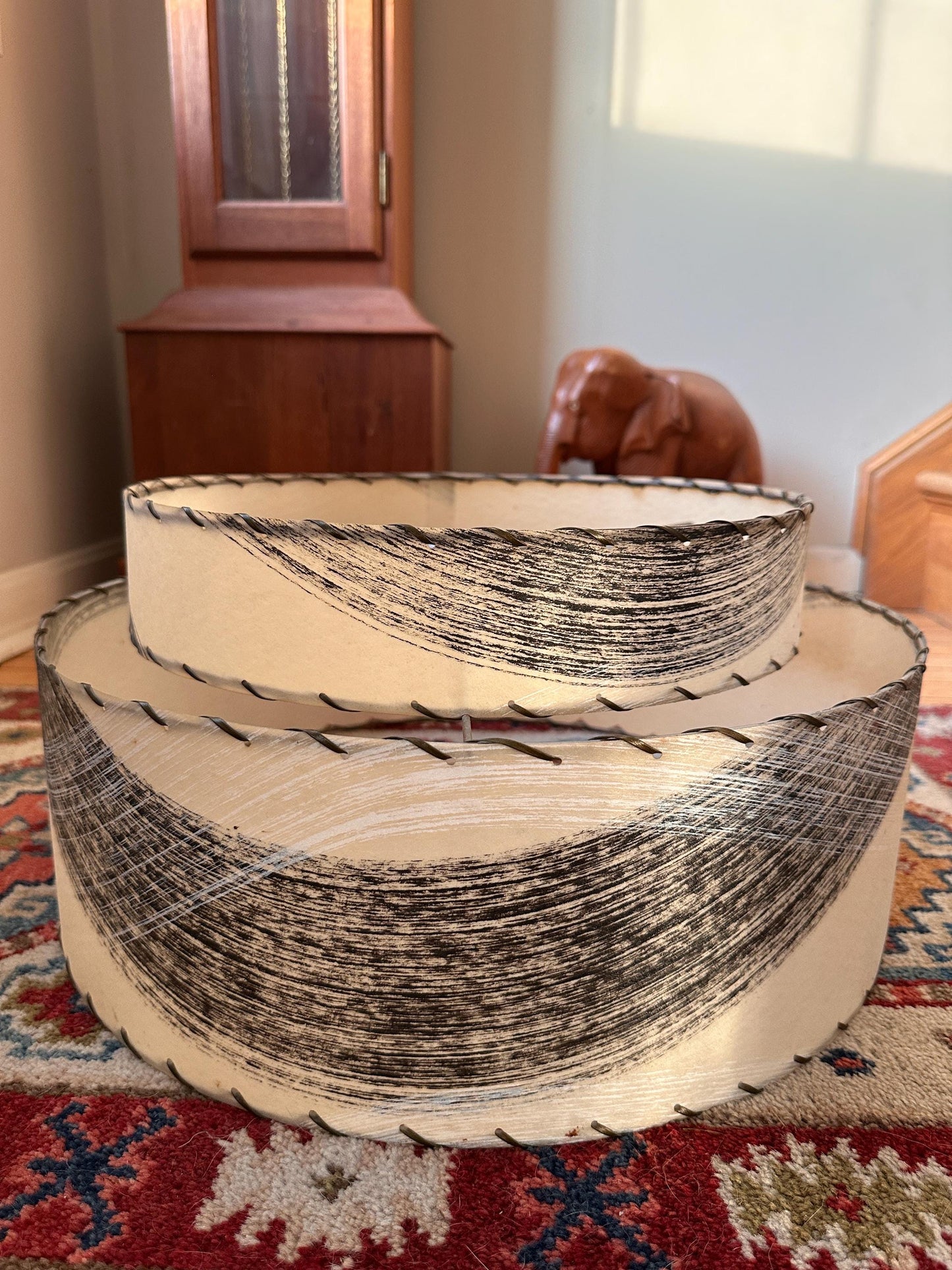 Vintage Mid Century Modern Fiberglass Lamp Shade | Two-Tier MCM Light Shade | Tan Abstract Wave Design in Black & White | Atomic Era Lightin