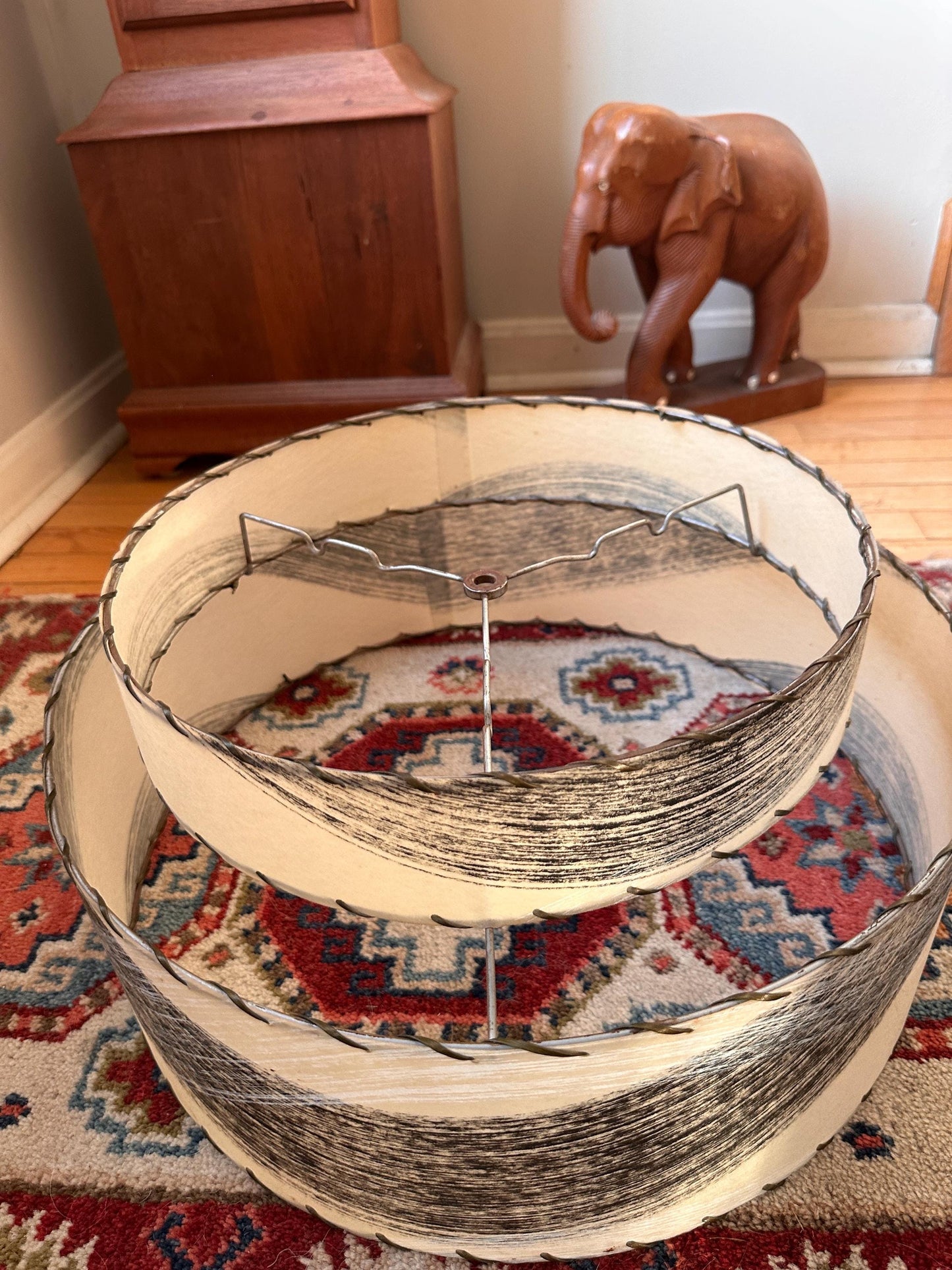 Vintage Mid Century Modern Fiberglass Lamp Shade | Two-Tier MCM Light Shade | Tan Abstract Wave Design in Black & White | Atomic Era Lightin