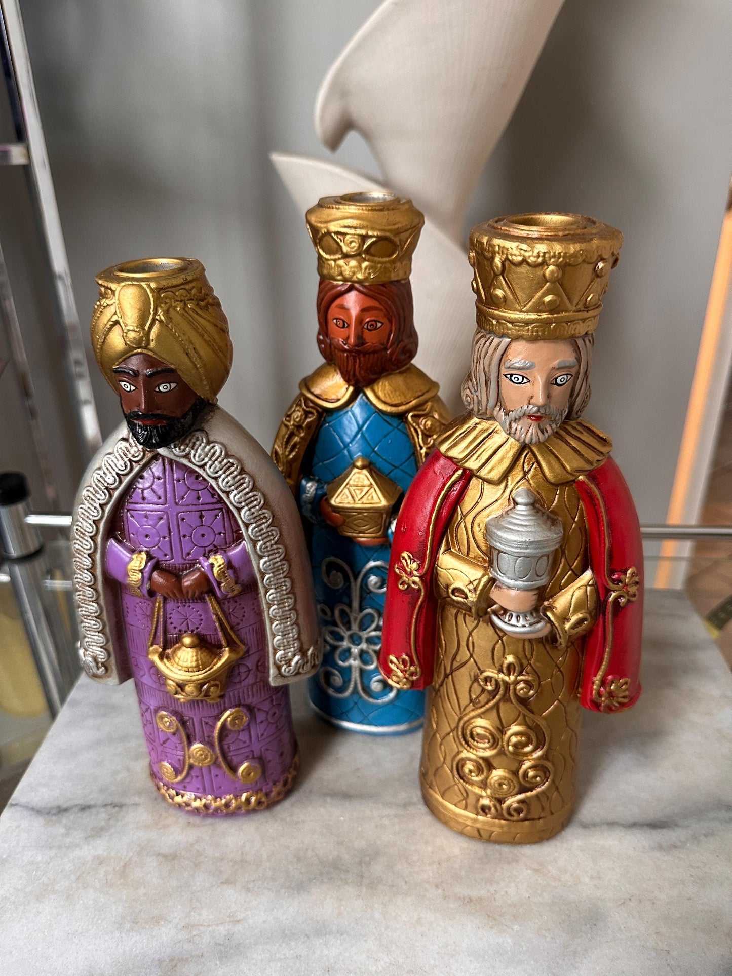Vtg. creations by Manor House 11" papier mache candle holders Three Kings w Original Box | PLEASE READ DESCRIPTION