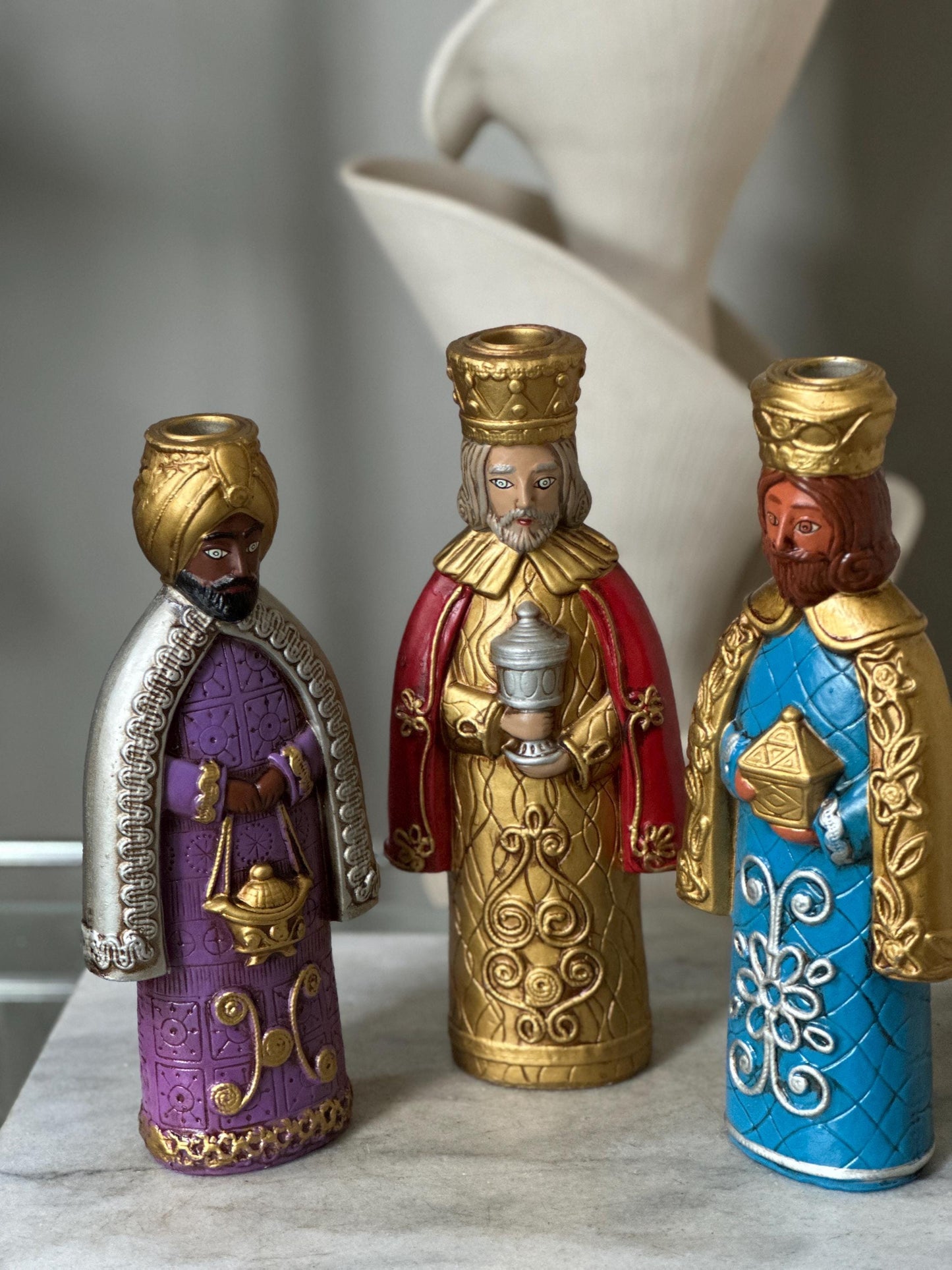 Vtg. creations by Manor House 11" papier mache candle holders Three Kings w Original Box | PLEASE READ DESCRIPTION