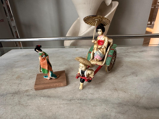Vintage Japanese Figurine Pair | 1940s Celluloid Rickshaw Man Pulling Geisha & Dog + Miniature Washi Ningyo Doll | Folk Art Collectibles