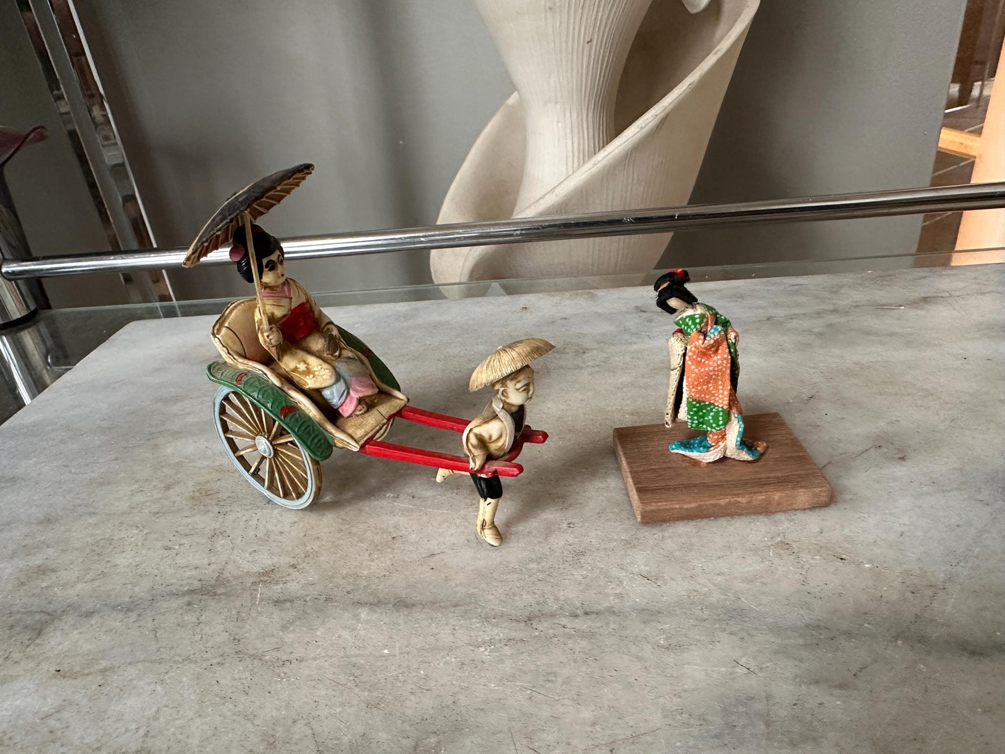 Vintage Japanese Figurine Pair | 1940s Celluloid Rickshaw Man Pulling Geisha & Dog + Miniature Washi Ningyo Doll | Folk Art Collectibles