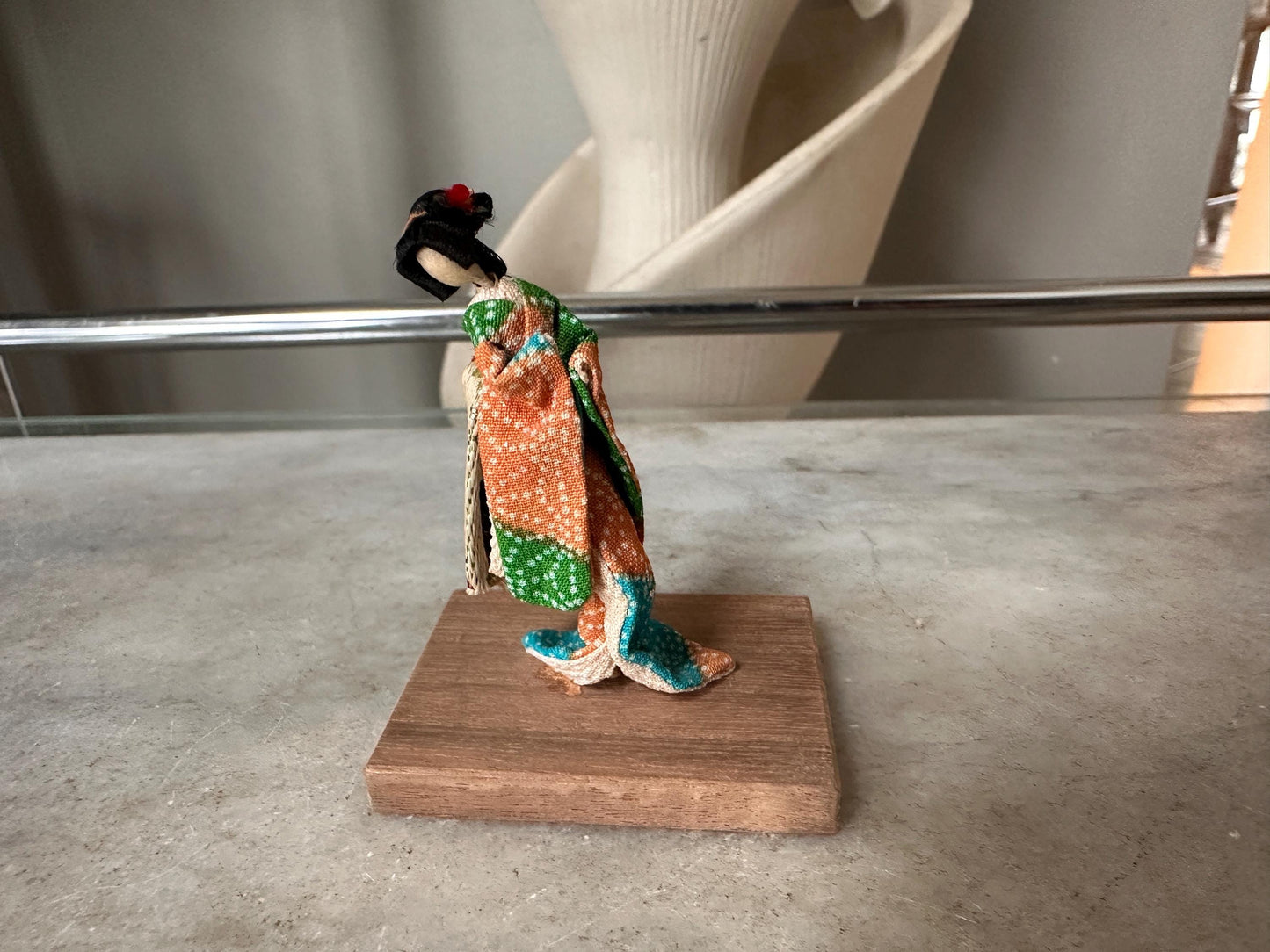 Vintage Japanese Figurine Pair | 1940s Celluloid Rickshaw Man Pulling Geisha & Dog + Miniature Washi Ningyo Doll | Folk Art Collectibles