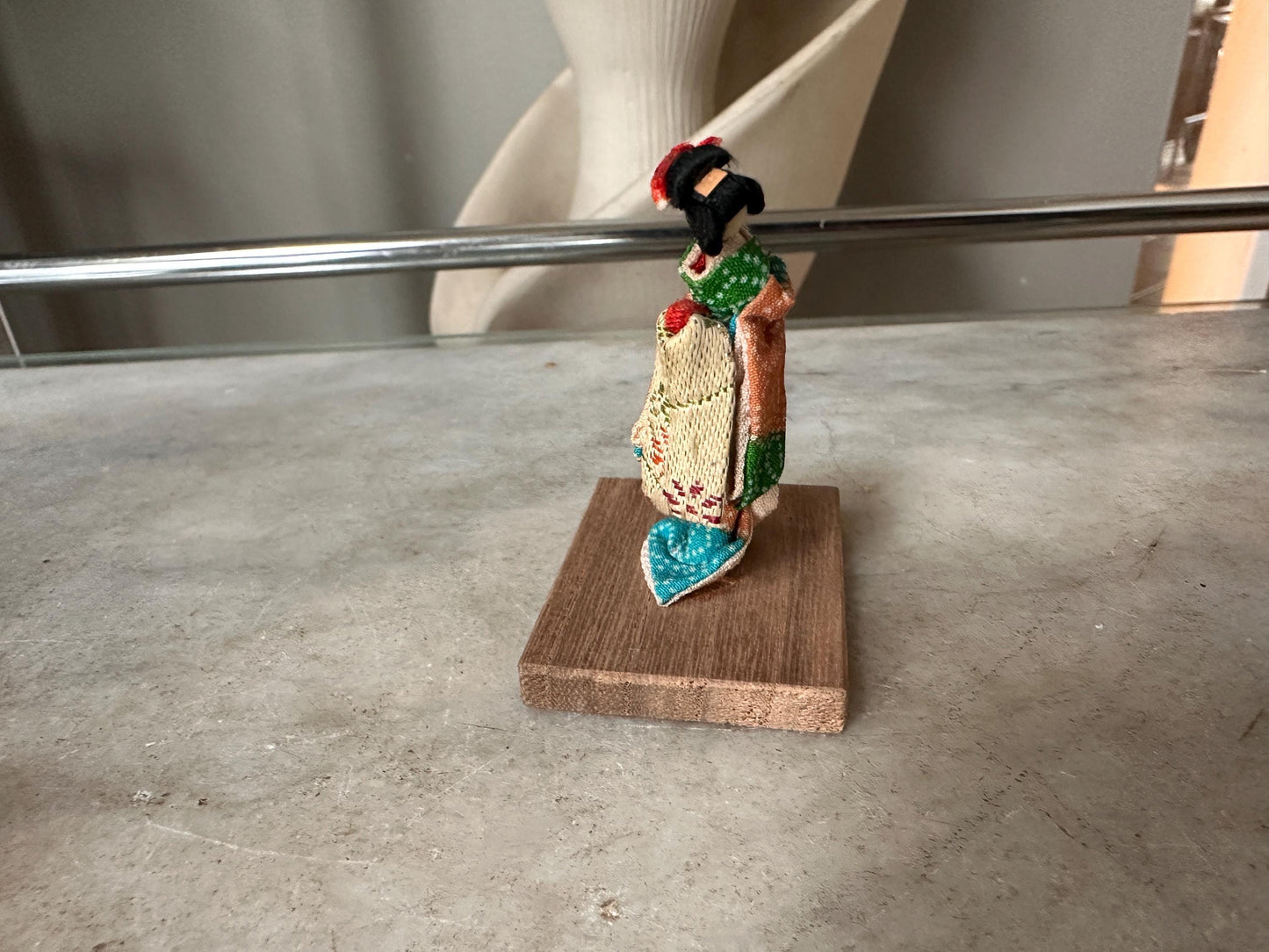 Vintage Japanese Figurine Pair | 1940s Celluloid Rickshaw Man Pulling Geisha & Dog + Miniature Washi Ningyo Doll | Folk Art Collectibles