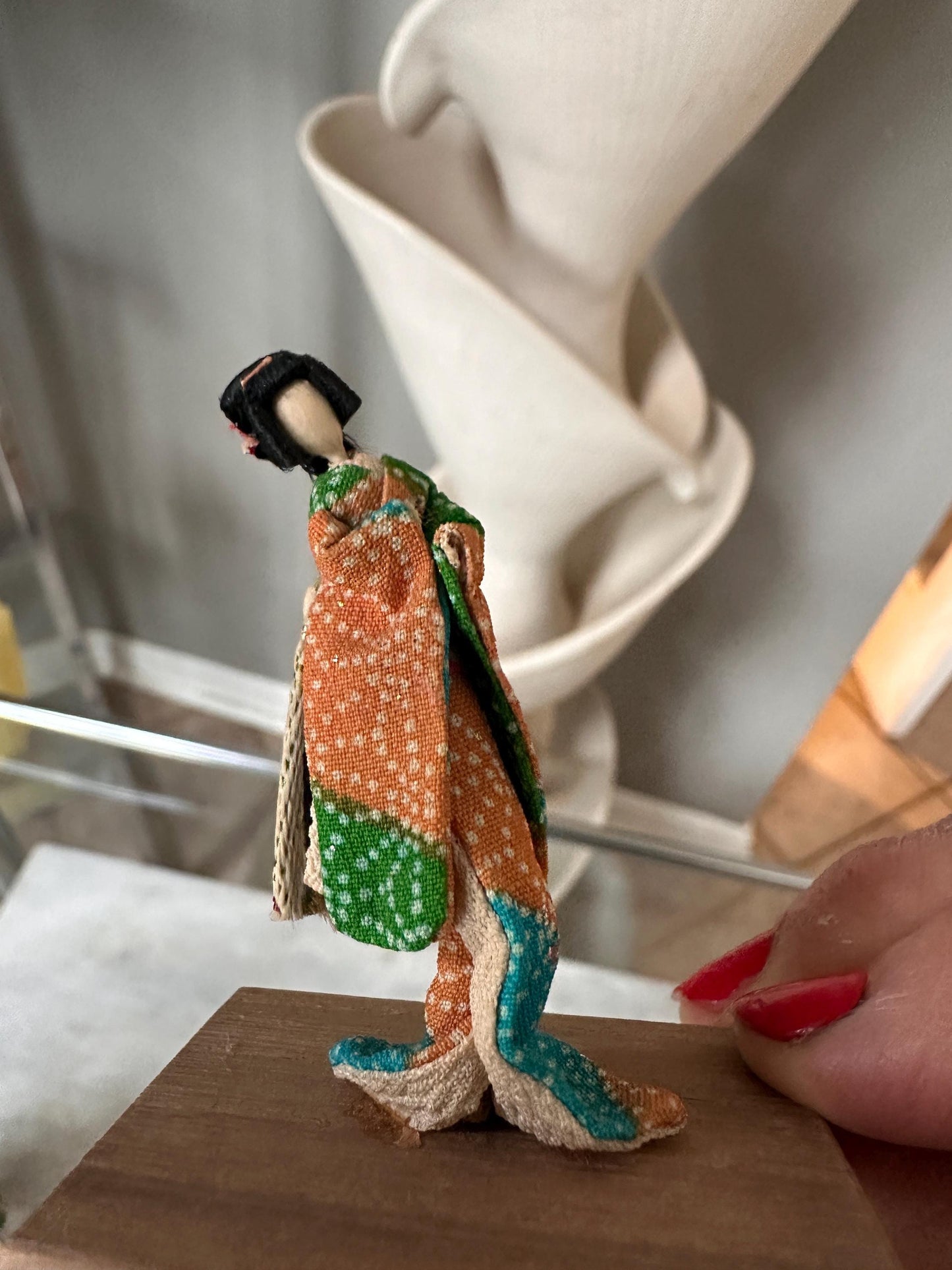Vintage Japanese Figurine Pair | 1940s Celluloid Rickshaw Man Pulling Geisha & Dog + Miniature Washi Ningyo Doll | Folk Art Collectibles