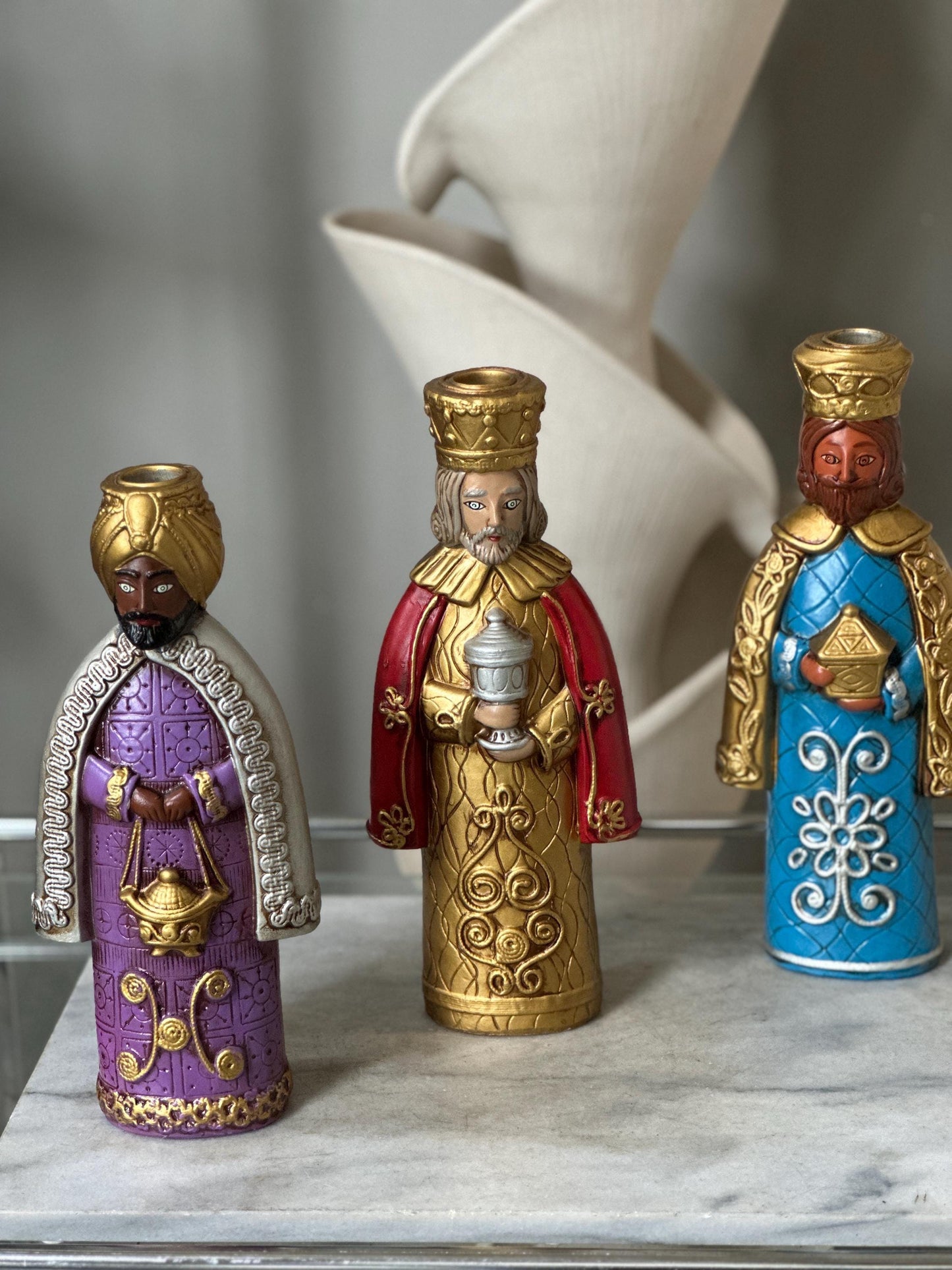 Vtg. creations by Manor House 11" papier mache candle holders Three Kings w Original Box | PLEASE READ DESCRIPTION