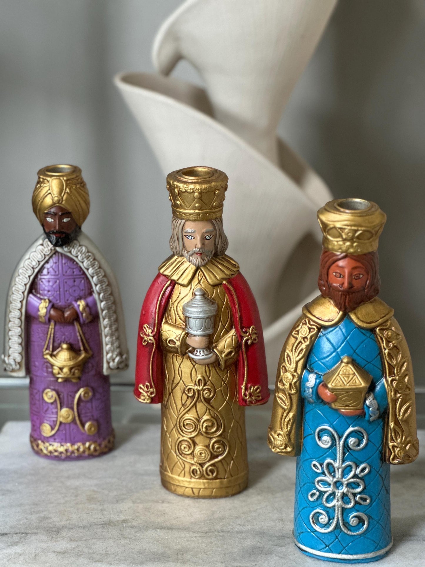 Vtg. creations by Manor House 11" papier mache candle holders Three Kings w Original Box | PLEASE READ DESCRIPTION