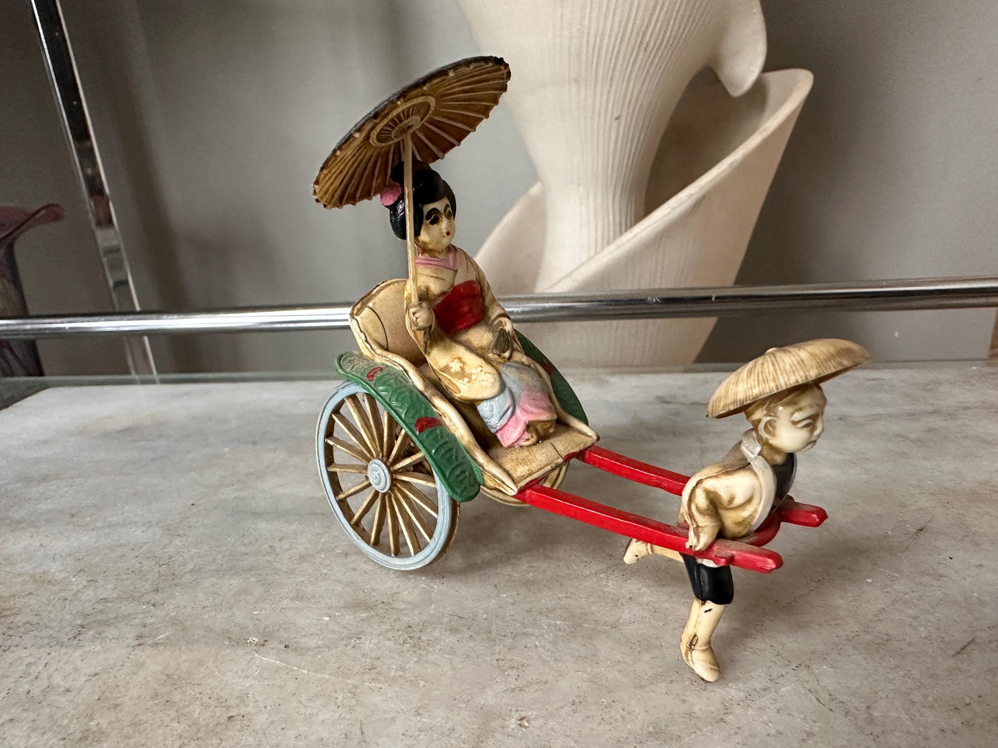 Vintage Japanese Figurine Pair | 1940s Celluloid Rickshaw Man Pulling Geisha & Dog + Miniature Washi Ningyo Doll | Folk Art Collectibles