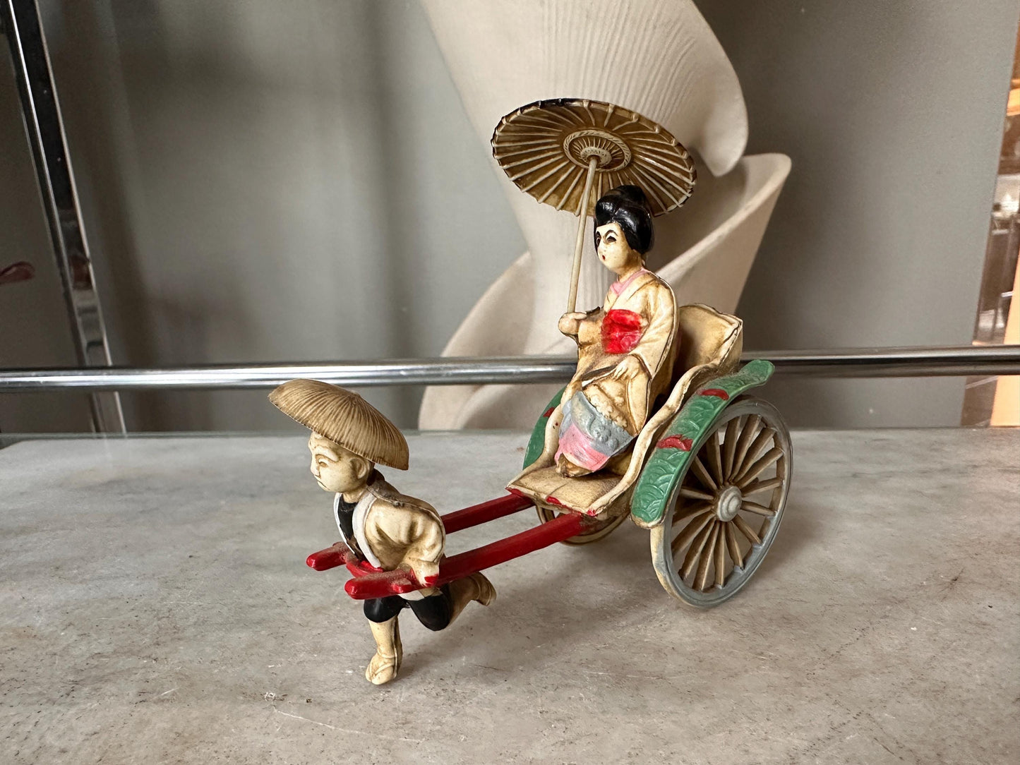 Vintage Japanese Figurine Pair | 1940s Celluloid Rickshaw Man Pulling Geisha & Dog + Miniature Washi Ningyo Doll | Folk Art Collectibles