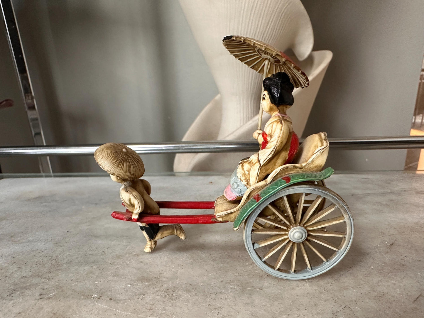 Vintage Japanese Figurine Pair | 1940s Celluloid Rickshaw Man Pulling Geisha & Dog + Miniature Washi Ningyo Doll | Folk Art Collectibles