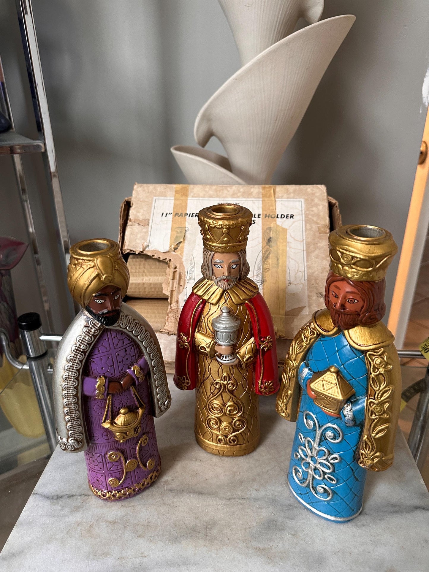 Vtg. creations by Manor House 11" papier mache candle holders Three Kings w Original Box | PLEASE READ DESCRIPTION