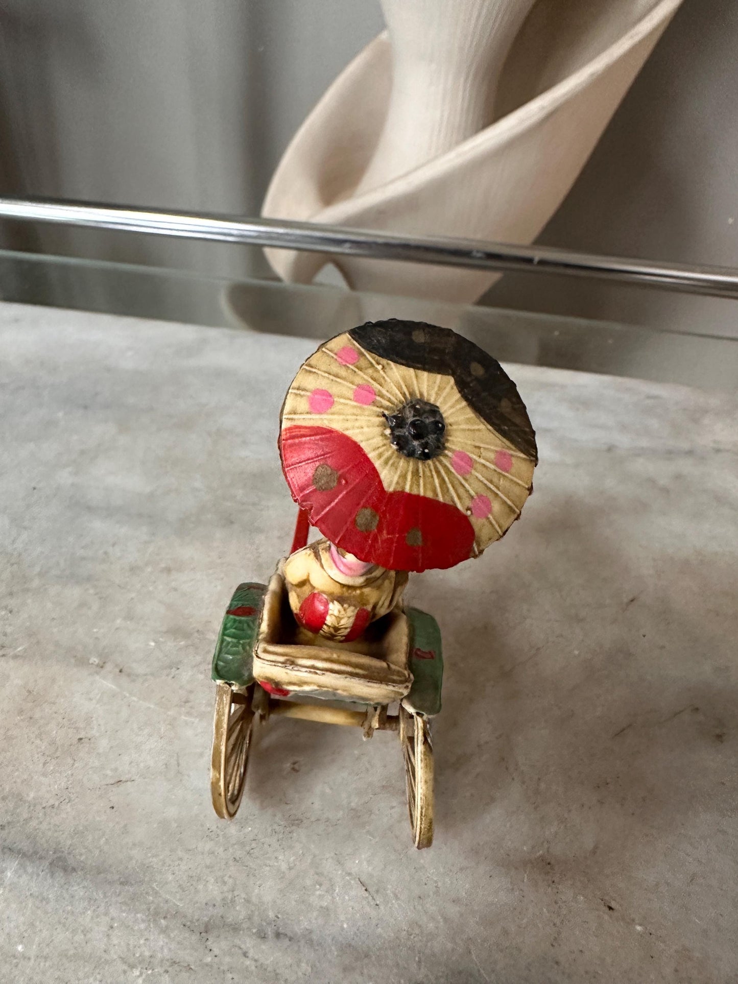 Vintage Japanese Figurine Pair | 1940s Celluloid Rickshaw Man Pulling Geisha & Dog + Miniature Washi Ningyo Doll | Folk Art Collectibles