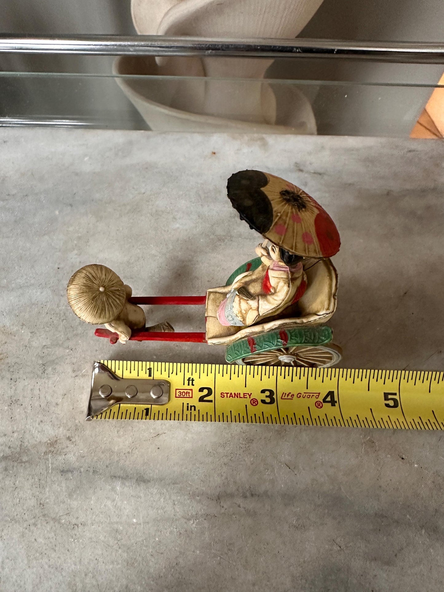 Vintage Japanese Figurine Pair | 1940s Celluloid Rickshaw Man Pulling Geisha & Dog + Miniature Washi Ningyo Doll | Folk Art Collectibles