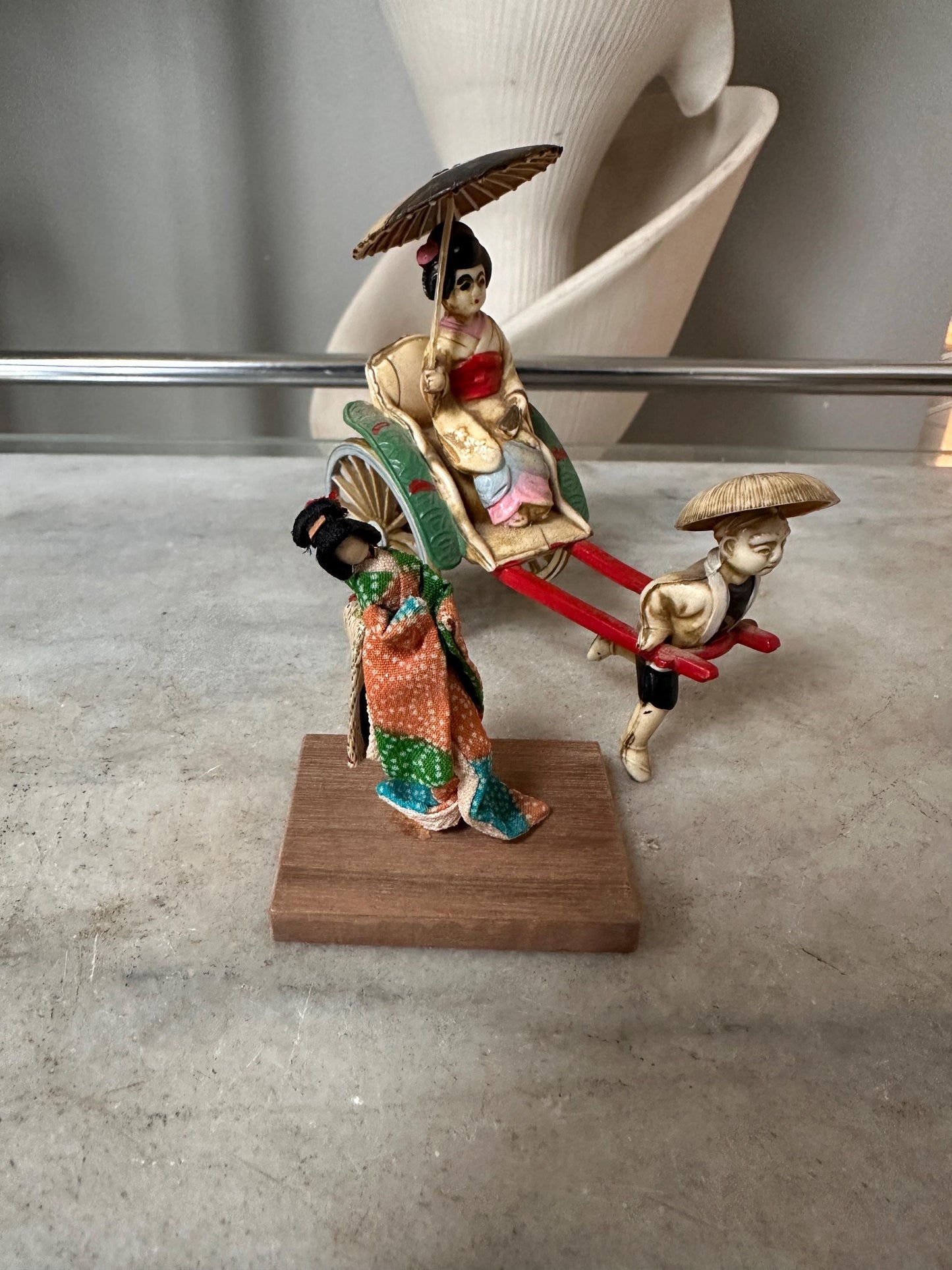 Vintage Japanese Figurine Pair | 1940s Celluloid Rickshaw Man Pulling Geisha & Dog + Miniature Washi Ningyo Doll | Folk Art Collectibles