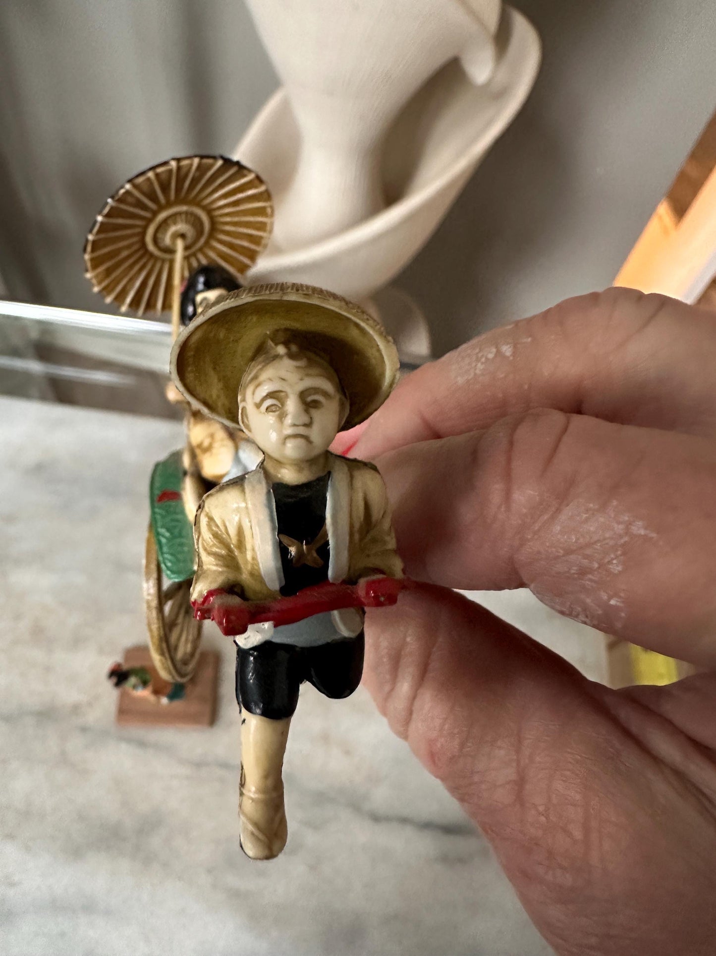 Vintage Japanese Figurine Pair | 1940s Celluloid Rickshaw Man Pulling Geisha & Dog + Miniature Washi Ningyo Doll | Folk Art Collectibles
