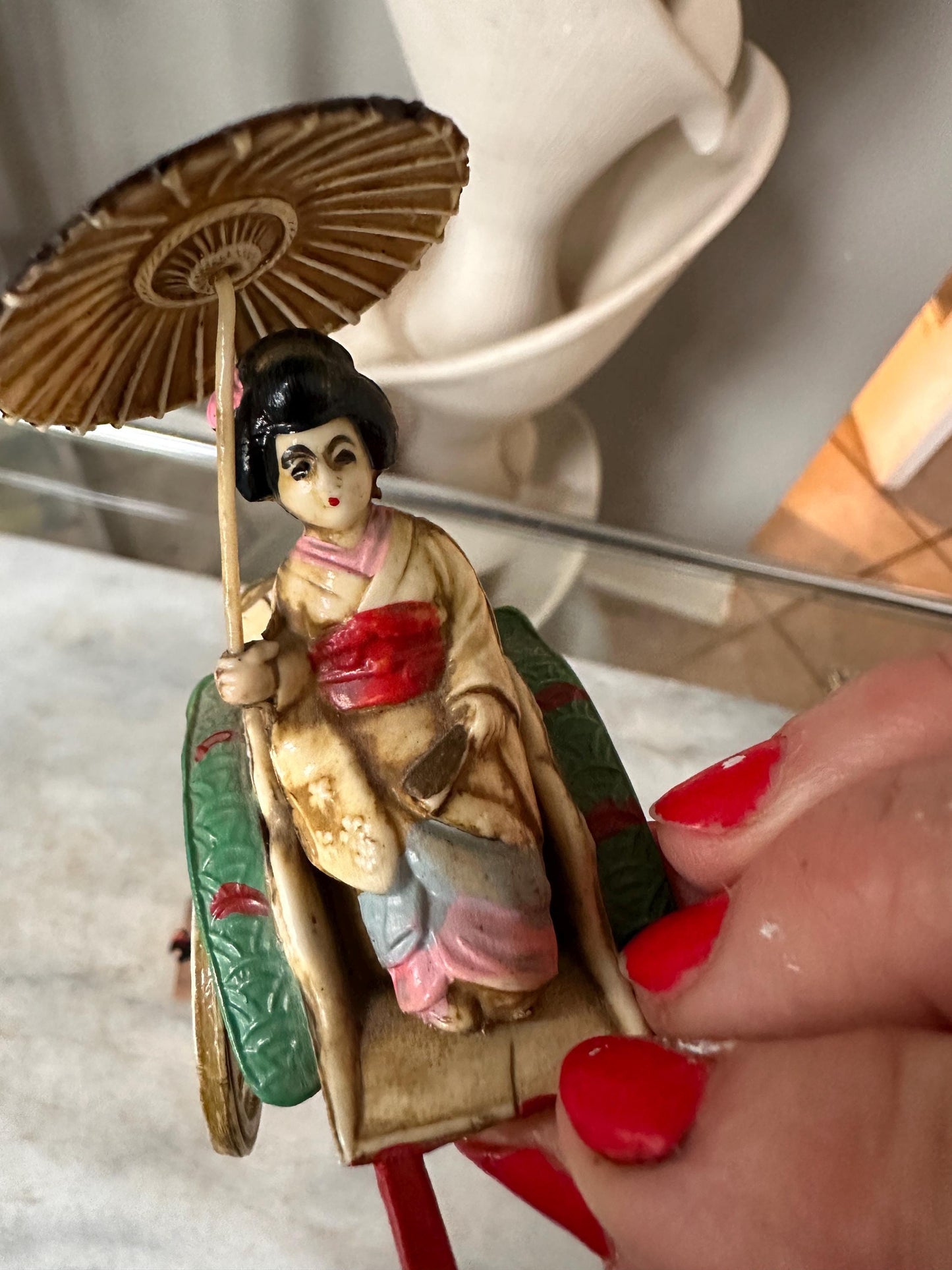 Vintage Japanese Figurine Pair | 1940s Celluloid Rickshaw Man Pulling Geisha & Dog + Miniature Washi Ningyo Doll | Folk Art Collectibles