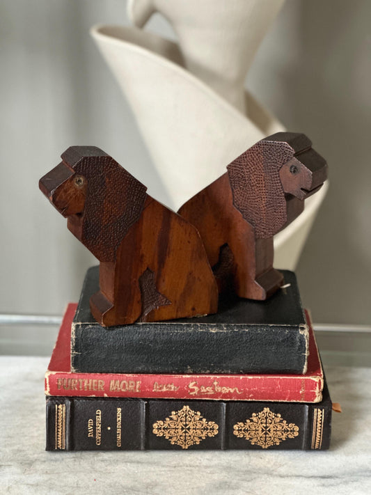 Vintage Hand-Carved Wooden Lion Bookends | Art Deco Style | Angular Lion Sculptures | Mid-Century Shelf Decor